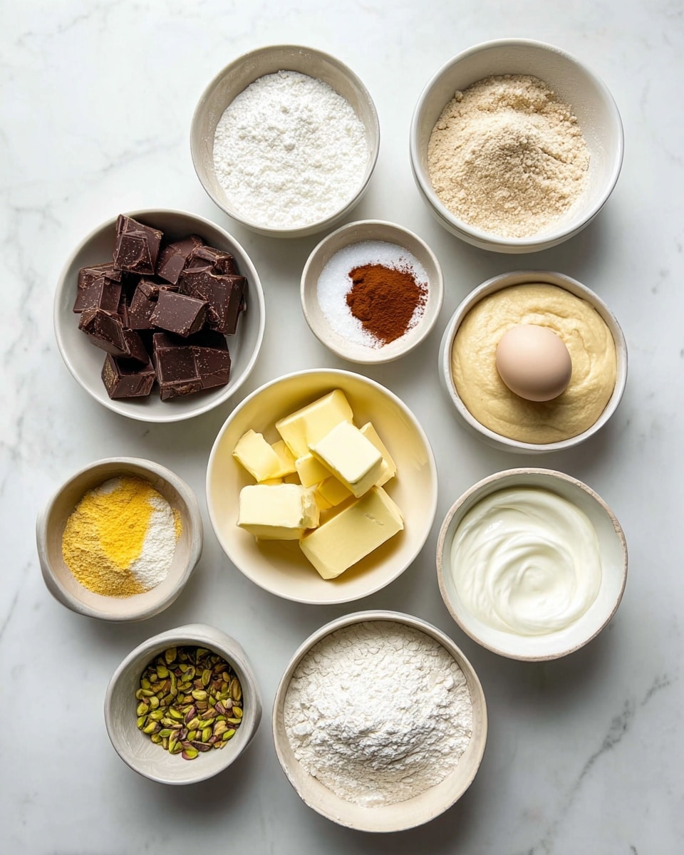 The image shows ten white bowls arranged neatly on a white marbled surface, each containing different baking ingredients. The top left bowl has dark brown chocolate chunks, while to the right, there is a bowl with fine white salt and next to that, a bowl with light brown yeast powder. Below the chocolate, there is a bowl with a raw egg, and next to it, a bowl filled with four square chunks of light yellow butter, some pieces slightly darker. To the right of the butter is a small bowl with a reddish brown powder. Near the center bottom, a bowl contains smooth beige dough or batter with a dusting of yellow powder on top. Below this, a very small bowl holds green pistachio pieces. To the left bottom corner, there is a bowl filled with white flour, and next to it on the right, a bigger bowl contains white creamy thick yogurt or cream. The bowls are evenly spread, clearly showing the textures and colors of each ingredient. Photo taken with an iphone --ar 4:5 --v 7