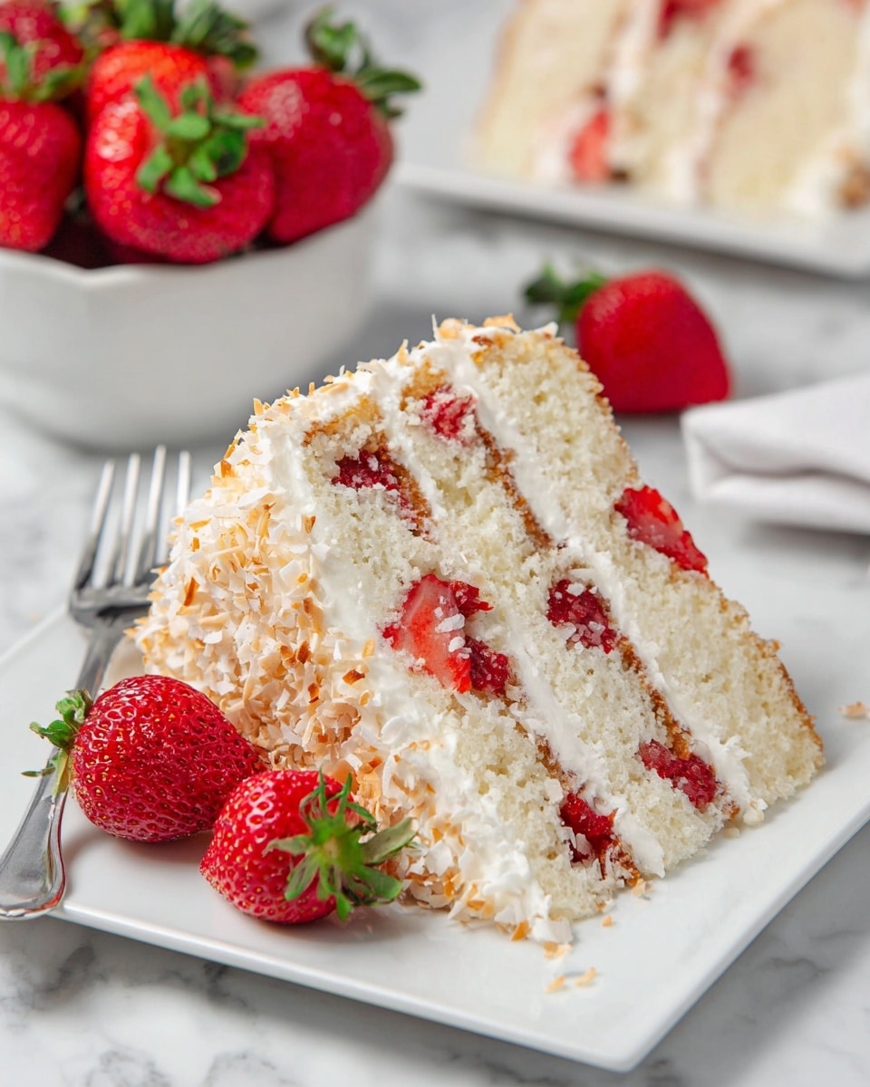 A slice of three-layer white cake with light, fluffy texture sits on a white square plate on a white marbled surface. Between each layer, there are pieces of bright red strawberries mixed with a thin spread of cream. The outside of the cake is covered in white frosting and coated with toasted shredded coconut that adds a light brown, crunchy texture. Fresh whole strawberries are placed near the plate, with a white bowl filled with more strawberries in the background. A silver fork rests beside the plate. Photo taken with an iphone --ar 4:5 --v 7