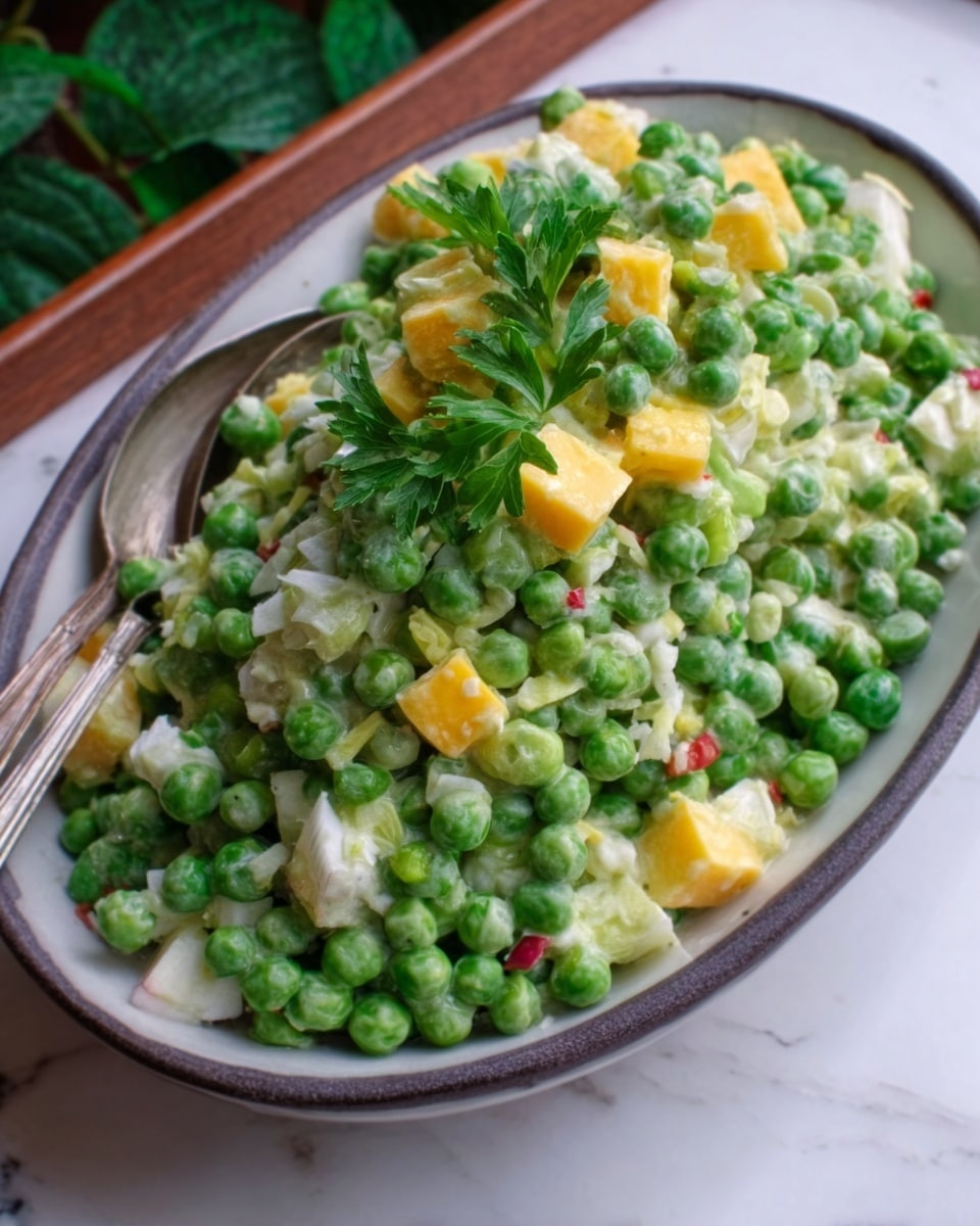 A close-up of a bowl filled with a fresh green pea salad, showing two main layers: the bottom layer is bright green peas, smooth and round, packed tightly, and mixed with small shredded white cabbage pieces with thin red streaks, adding light texture. On top of this base, scattered chunks of yellow cheese and fresh bright green parsley leaves add color contrast and a slight rough texture. The bowl is white with a dark rim, sitting on a white marbled surface, with a blurred green plant background. photo taken with an iphone --ar 4:5 --v 7
