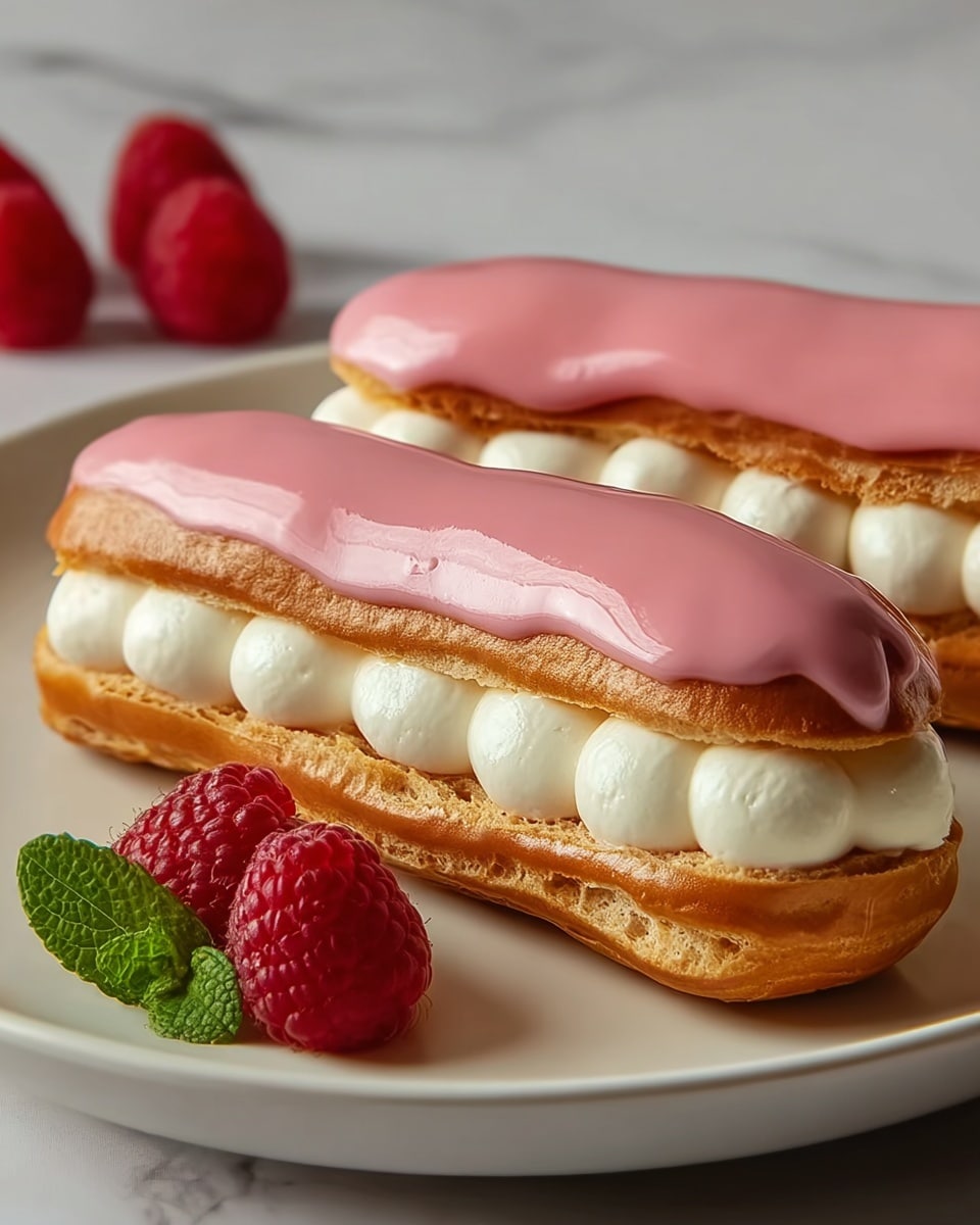 Two eclairs are placed on a white plate with a white marbled textured background. Each eclair has three layers: a light brown, slightly crispy pastry base and top, separated by a thick middle layer of white cream piped in soft, rounded swirls. The top layer of the pastry is covered with a smooth, shiny, light pink glaze. Around the eclairs, there are a few bright red raspberries and a small sprig of green mint for decoration. Photo taken with an iphone --ar 4:5 --v 7