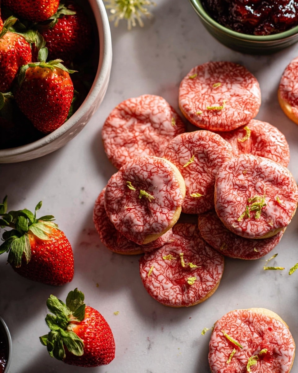 The image shows several round cookies with a light golden base layer topped with a pink glaze that has a cracked texture, revealing dark red strawberry jam underneath. The glaze has tiny green specks and small bits of orange zest scattered on top. Fresh strawberries with green leaves are placed around the cookies on a white marbled surface. The cookies are spread out closely with some edges touching, giving a fresh and homemade look. photo taken with an iphone --ar 4:5 --v 7
