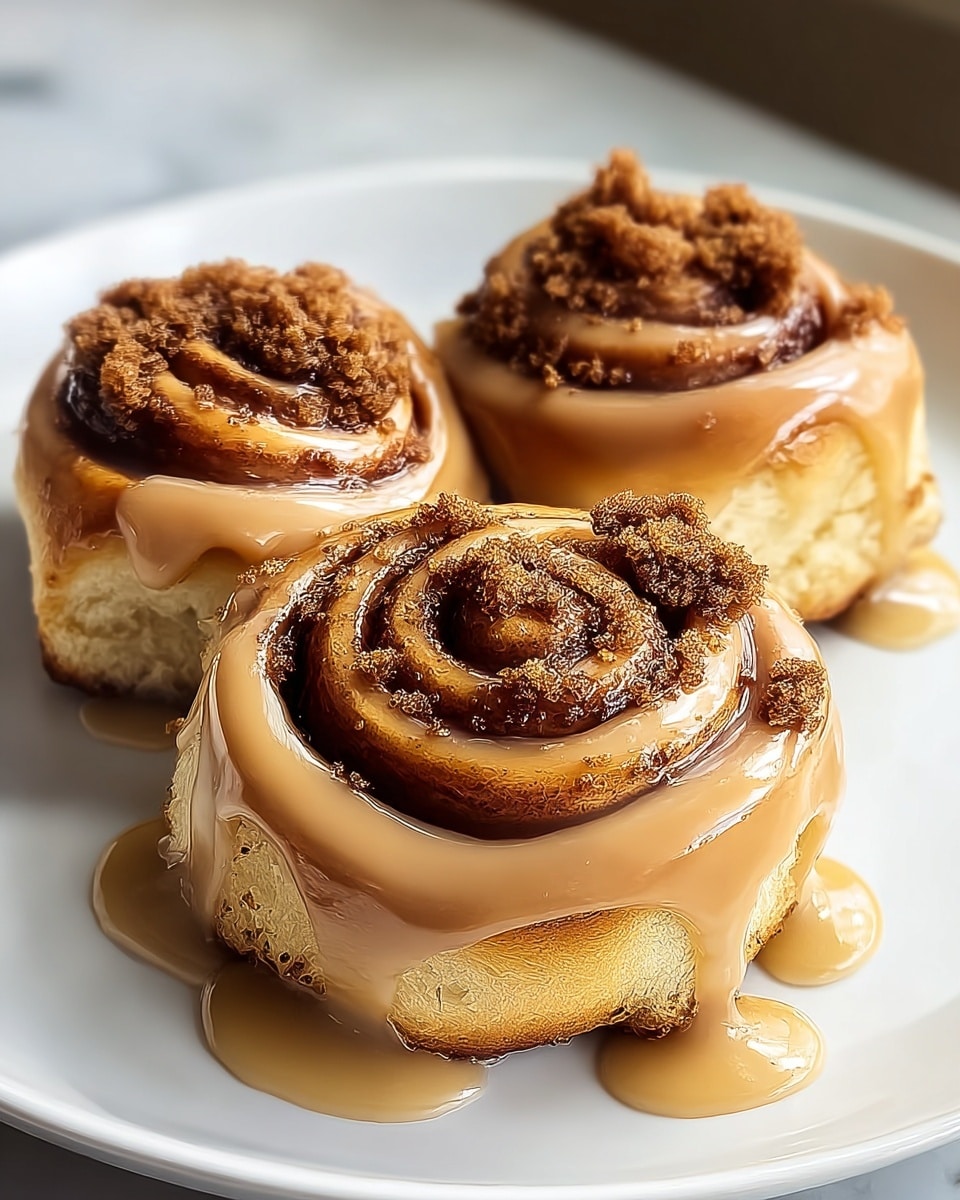 Three small cinnamon rolls sit close together on a white plate placed on a white marbled texture. Each roll has a golden brown base that looks soft and fluffy. A thick layer of light brown, smooth icing covers the top of each roll, dripping slightly over the edges. On top of the icing, there are clusters of crumbly, darker brown pieces that add texture and contrast. The light softly highlights the shiny icing and crumb topping, making the rolls look fresh and warm. photo taken with an iphone --ar 4:5 --v 7