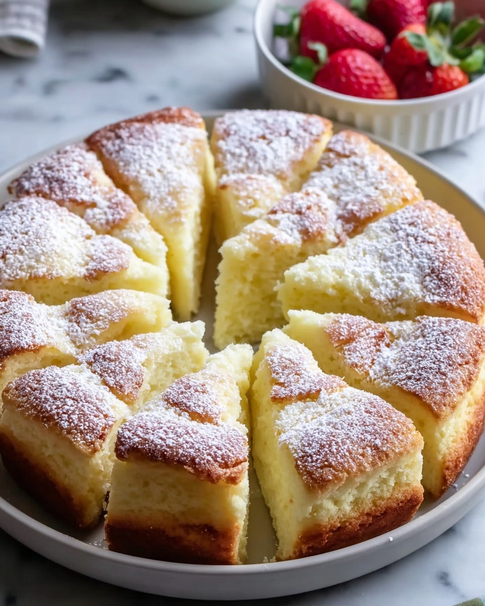 The image shows a round soft cake cut into 12 thick wedge pieces arranged in a circle inside a white plate. The cake has a golden brown crust on top and a light, fluffy, creamy yellow inside. A fine layer of powdered sugar is sprinkled evenly over all the pieces, creating a soft white dusting effect. The plate is placed on a white marbled surface. In the background, a small white bowl with fresh red strawberries is slightly blurred. Photo taken with an iphone --ar 4:5 --v 7