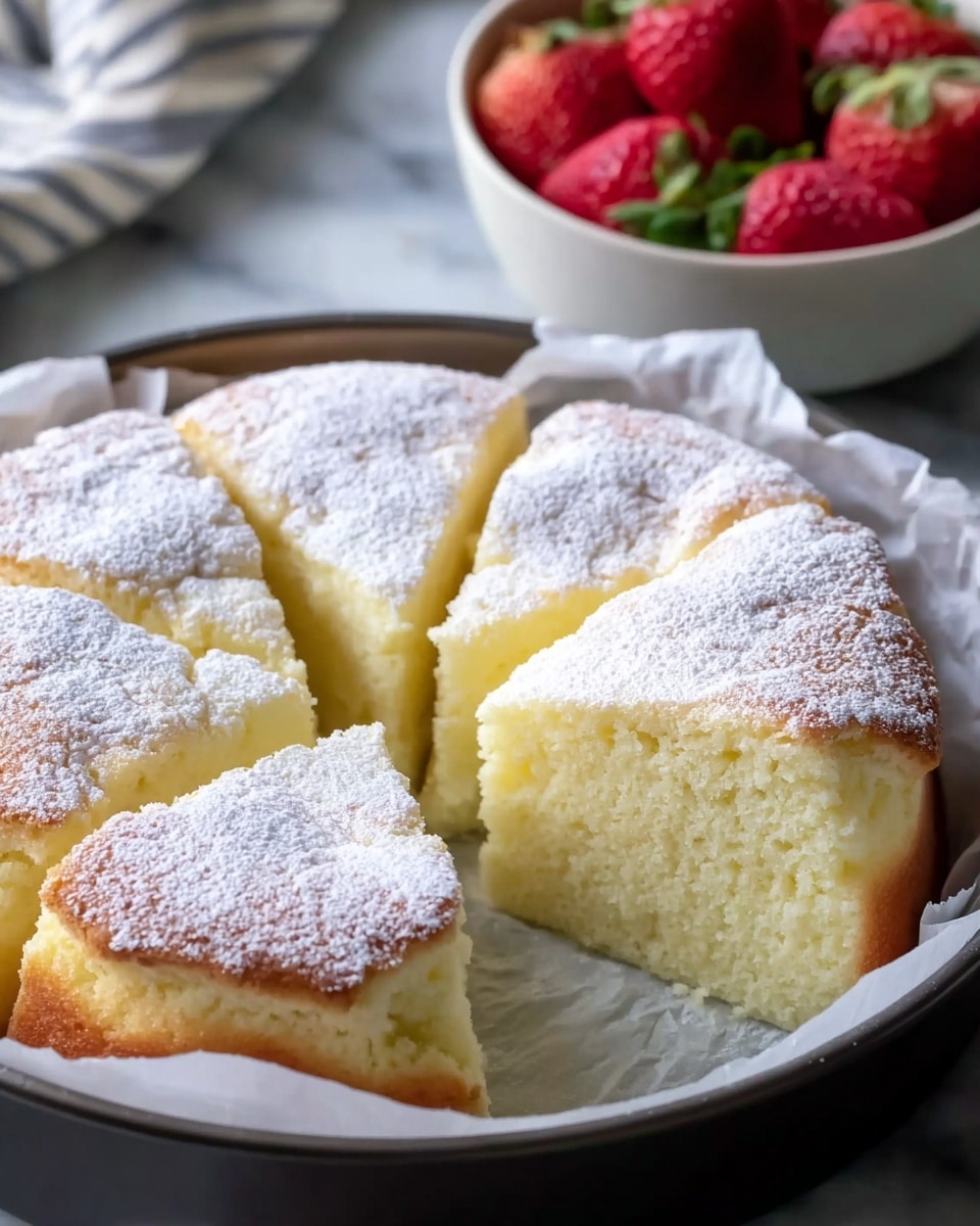 A round cake is cut into 12 pieces, showing a soft, light yellow inside with a lightly browned top. The top surface is covered with a thin layer of white powdered sugar, giving it a snowy look. The cake is thick, about two to three inches tall, and sits in a white paper liner within a dark baking pan. In the background, there is a white bowl with bright red strawberries on a white marbled surface. Photo taken with an iphone --ar 4:5 --v 7