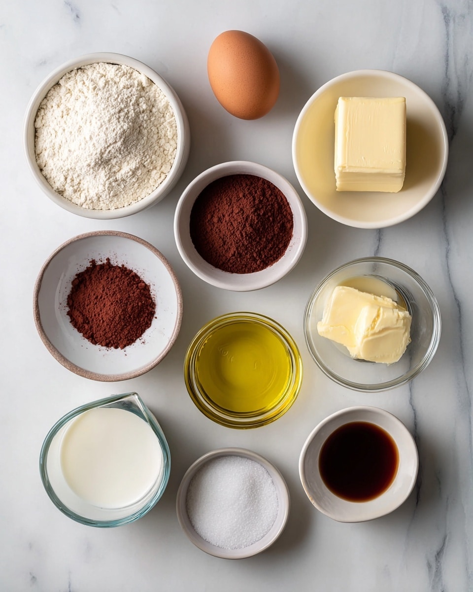 The image shows ten ingredients arranged neatly on a white marbled surface: a white bowl filled with light beige flour, a dark brown bowl with fine white sugar, a small white bowl holding a light yellow block of butter, a clear glass bowl with reddish-brown cocoa powder, a white bowl containing golden yellow oil, a small clear bowl with dark red liquid, a clear glass bowl with light yellow olive oil, a brown egg placed directly on the surface, a clear cup with white milk, a white bowl with granulated white salt, and a small white bowl with fine white salt. photo taken with an iphone --ar 4:5 --v 7