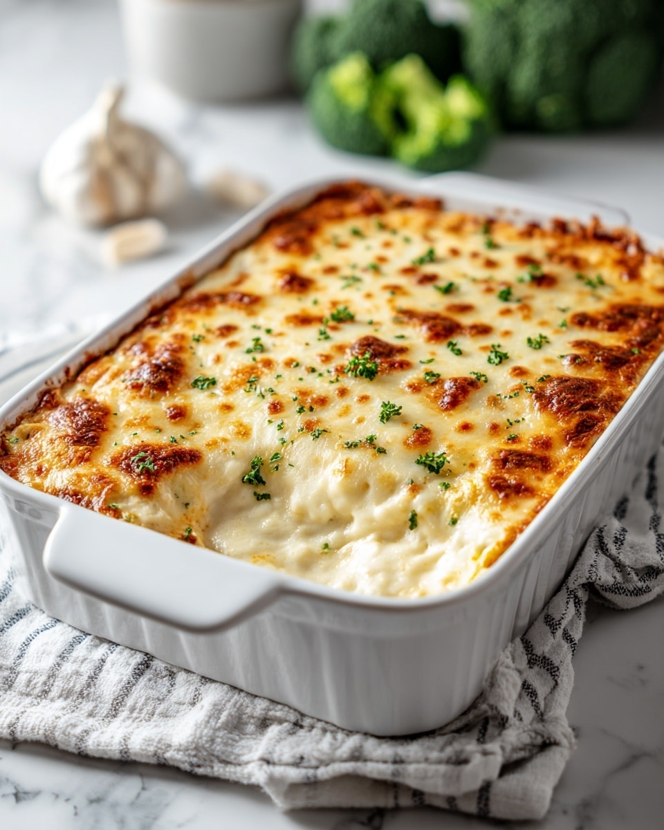 A white rectangular baking dish filled with a three-layer baked casserole. The bottom layer is creamy and white, visible at the edges where it has browned slightly. The middle layer appears to be a thick, gooey mix of melted cheese and sauce, adding a smooth, pale yellow texture. The top layer is golden-brown melted cheese with darker browned spots, sprinkled with small green bits of chopped herbs. The dish rests on a white and gray striped kitchen towel, on a white marbled surface with a few blurred broccoli heads and a garlic clove in the background. Photo taken with an iphone --ar 4:5 --v 7