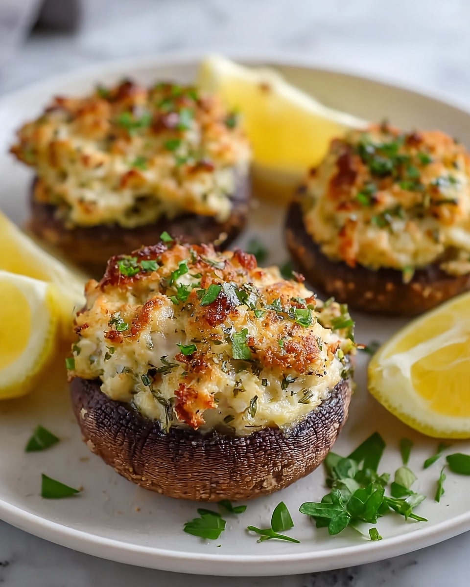 A close-up of a stuffed mushroom cap on a white plate showing two main layers: the dark brown, textured mushroom base filled with a creamy, off-white mixture that contains small green herbs and bits, topped with a golden-brown crispy layer with a rough, crumbly texture and garnished with small chopped green onions scattered on top and around the plate, all set on a white marbled surface. photo taken with an iphone --ar 4:5 --v 7