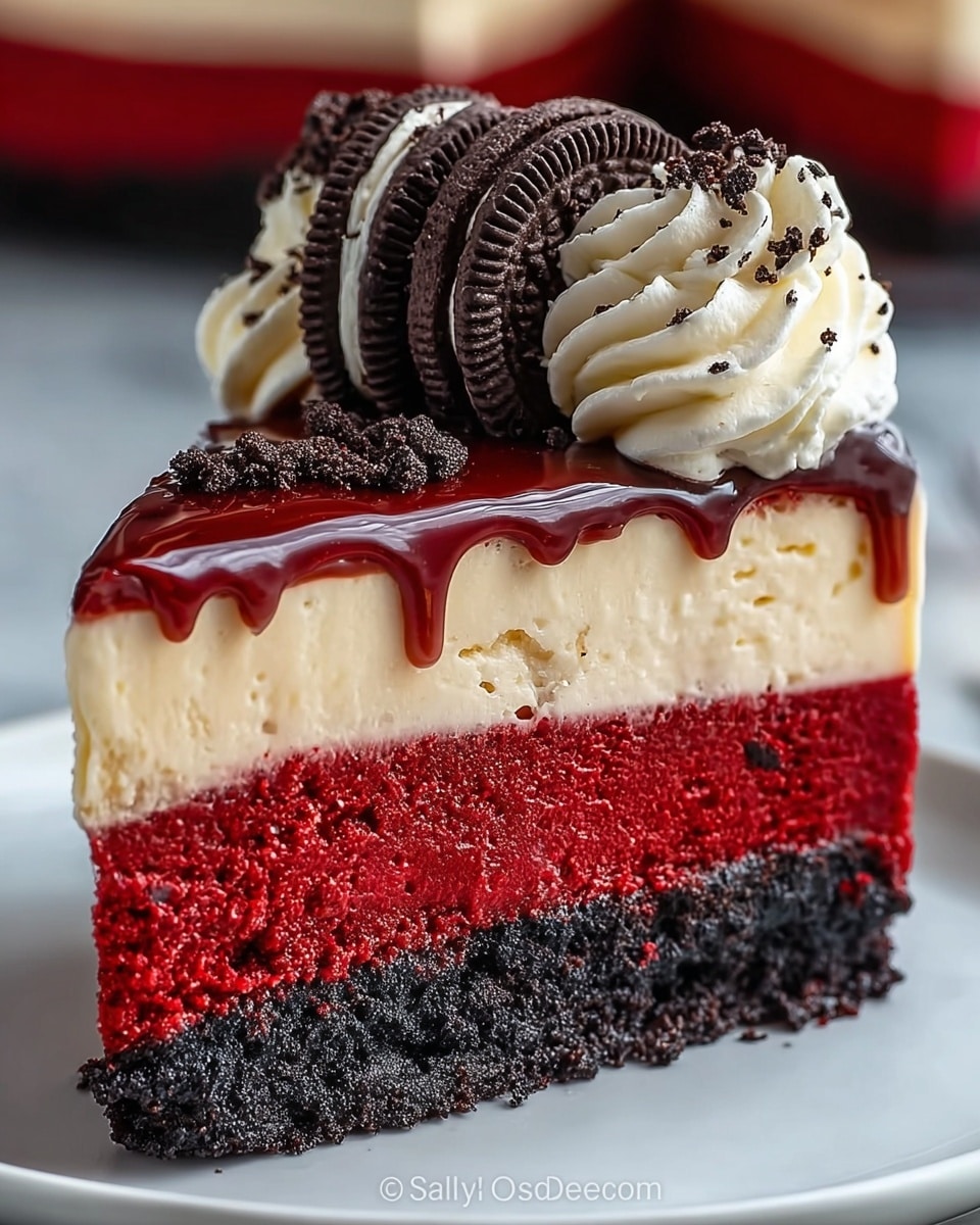 A slice of cake with four layers sits on a white plate with a thin gold rim, placed on a white marbled surface. From bottom to top, the first layer is a dark brown, crumbly cake base. The second layer is a thick, glossy dark chocolate layer mixed with bits of raspberries, giving it a textured look with some dark red spots. The third layer is a smooth, bright pink mousse with a creamy texture. The top layer is a shiny, dark chocolate glaze, slightly dripping down the sides of the cake. On top of the glaze, there are fresh bright red raspberries and small dark chocolate chunks arranged in a row. A small drop of chocolate glaze is visible on the plate. Photo taken with an iphone --ar 4:5 --v 7