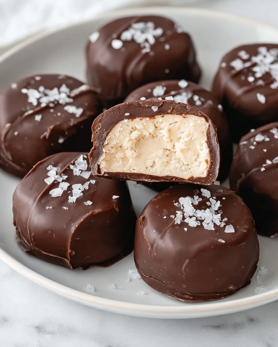 The image shows a white plate with six round chocolate-covered treats. Two of these treats are cut in half to reveal the inside layers. The outer layer is a thick, dark brown chocolate shell with a smooth, slightly shiny texture. Inside, there is a creamy, light beige filling that looks soft and slightly crumbly. The top of the treats is sprinkled with coarse sea salt flakes, adding a contrast of white against the dark chocolate. The plate is placed on a white marbled texture. Photo taken with an iphone --ar 4:5 --v 7