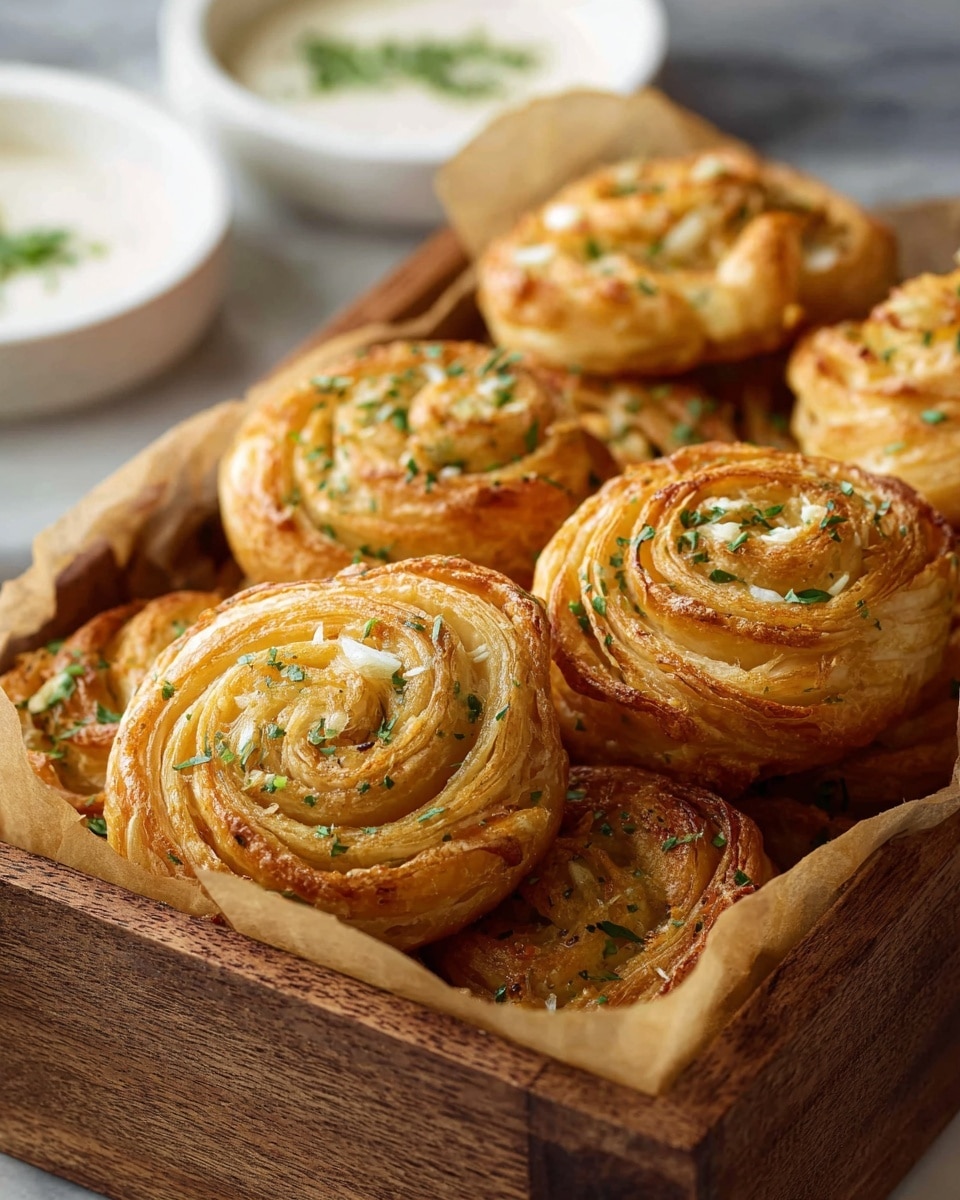 The image shows a wooden box filled with golden brown, spiral-shaped pastries that have multiple thin layers of flaky dough swirled tightly together. Each pastry is topped with small white bits of garlic and chopped green herbs, adding color contrast to the warm, crispy surface. The pastries are resting on light brown parchment paper inside the box. In the blurry background, two white bowls with sauces are partially visible on a white marbled surface. photo taken with an iphone --ar 4:5 --v 7