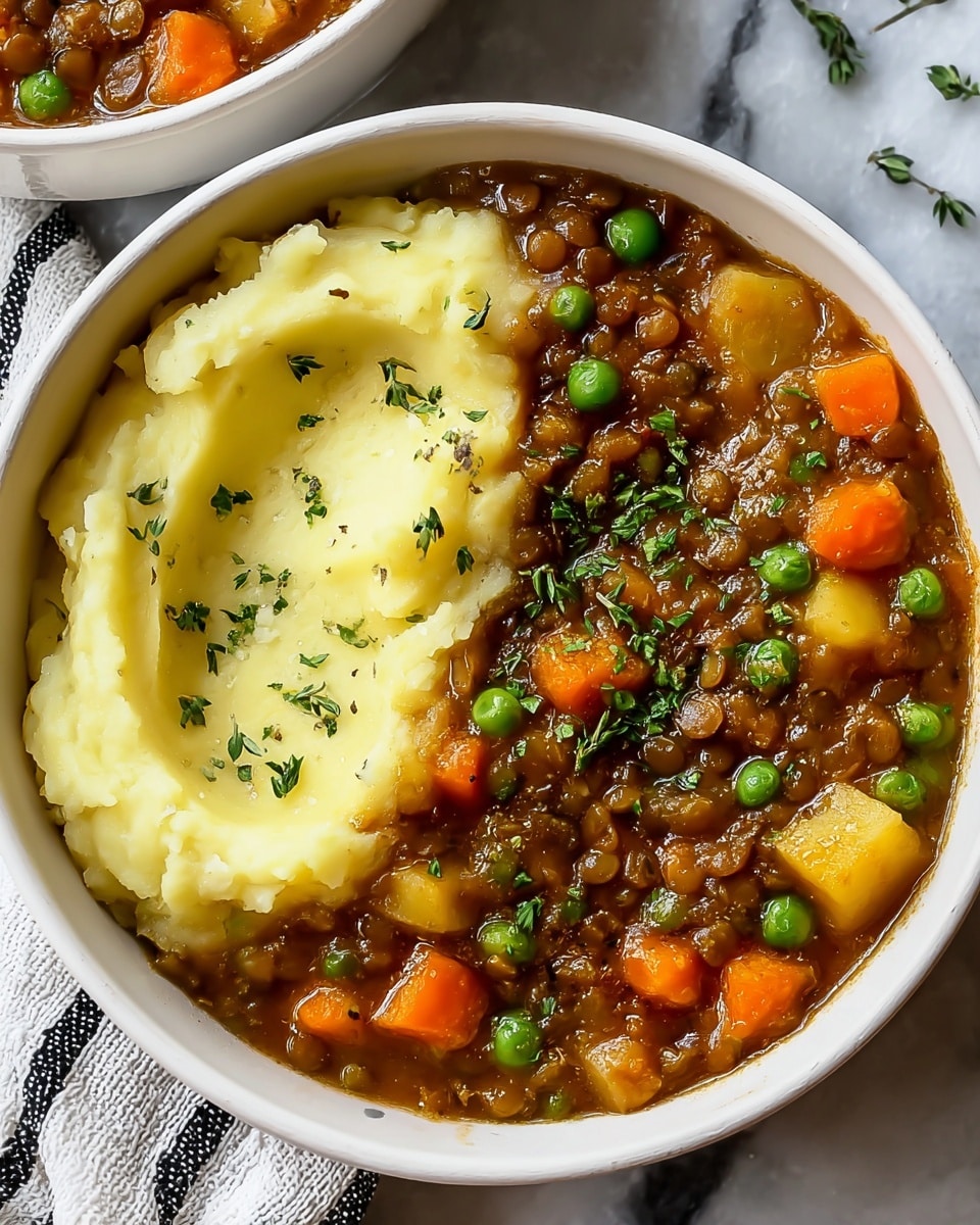 A white bowl filled with two layers: on the left side, smooth and creamy mashed potatoes with a soft, light yellow color topped with small bits of green herbs, and on the right side, thick lentil stew containing orange carrot chunks, pale yellow potato pieces, round green peas, and small brown lentils in a rich brown sauce, all sprinkled with fresh green herbs on top, placed on a white marbled surface next to a white and black striped cloth. photo taken with an iphone --ar 4:5 --v 7