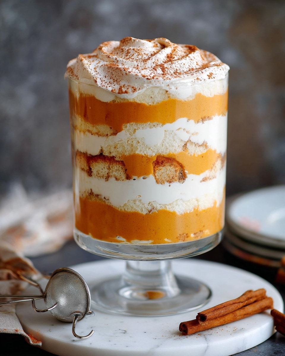 A tall clear glass dessert dish is filled with five visible layers starting from the bottom with a fluffy white cake layer, followed by a smooth white cream layer, then a thick orange pumpkin mousse layer, another white cream layer, a second orange pumpkin mousse layer, and topped with a final white cream layer dusted with cinnamon powder swirled gently on top. The dish stands on a white marbled round surface with some cinnamon sticks and a silver tea infuser nearby. Photo taken with an iphone --ar 4:5 --v 7