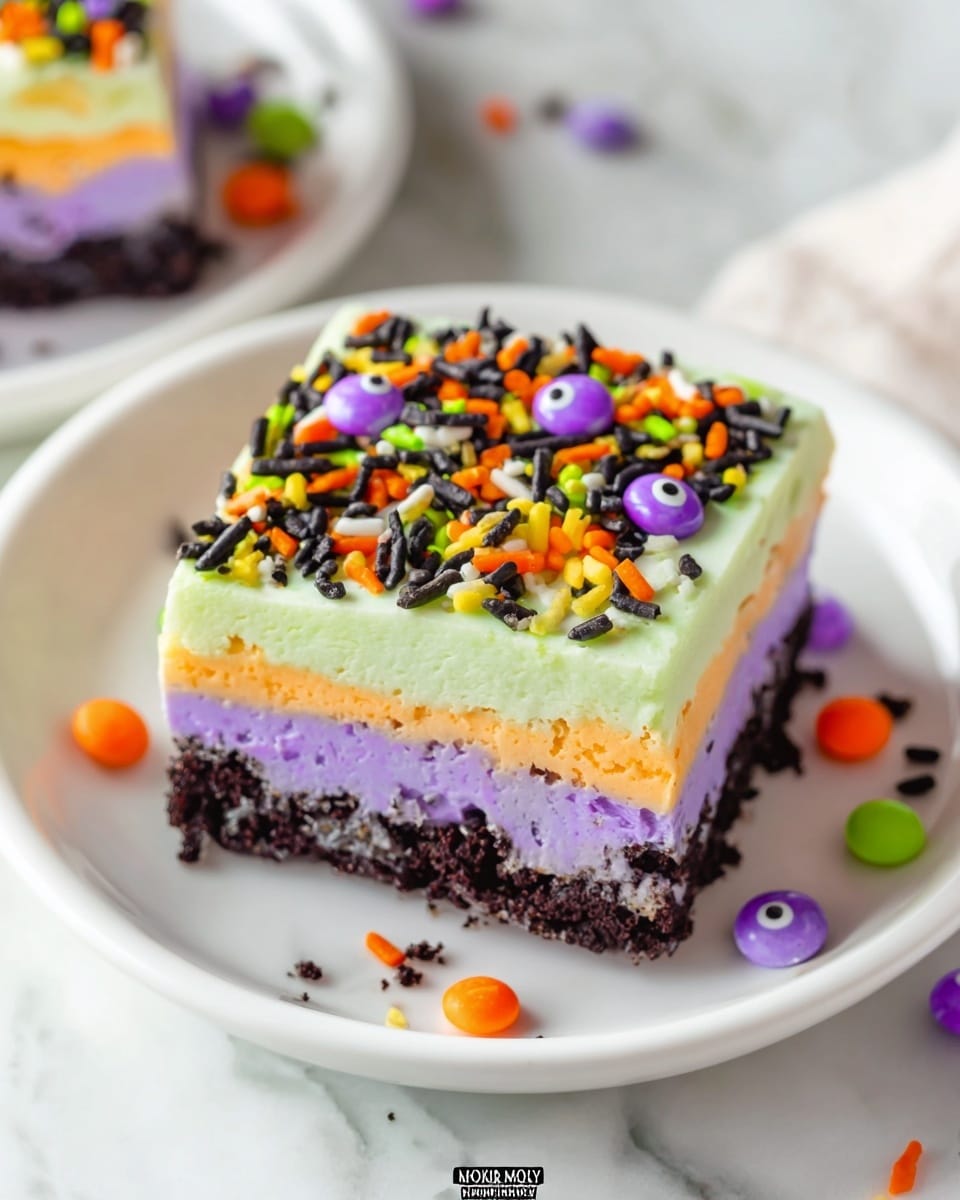 A rectangular clear glass dish filled with a thick, smooth layer of bright light green frosting, evenly spread across the top. The frosting is decorated with scattered small round candy eyes and a mix of sprinkles in colors including black, orange, purple, green, and white, adding a playful and colorful texture. The dish is set on a white marbled textured surface. photo taken with an iphone --ar 4:5 --v 7