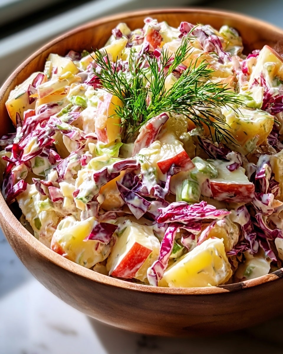 The image shows a close-up of a colorful salad served in a white bowl, filled to the top. The salad has layers of diced yellow cubes that look like potatoes or cheese, thin strips of purple cabbage, green sliced celery, and red pieces of apple, all mixed with a creamy white dressing. There are small green herb leaves placed on top as garnish. The bowl rests on a white marbled surface with soft, natural light coming from the right side. photo taken with an iphone --ar 4:5 --v 7
