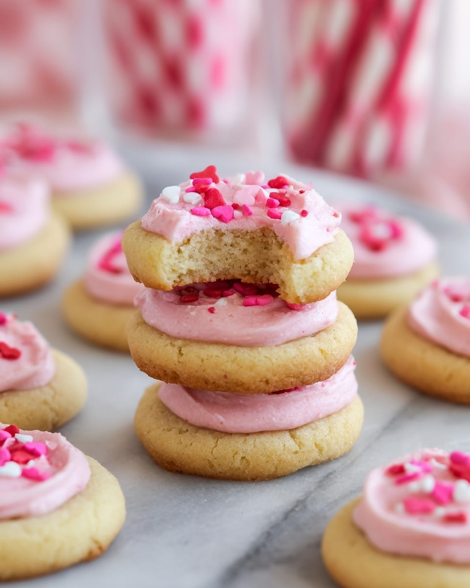 A stack of three small round cookies with golden brown, crumbly bases and a thick layer of smooth, light pink frosting on top, sprinkled with tiny red and pink heart-shaped sprinkles; the top cookie has a bite taken out, showing the soft, creamy inside. Surrounding the stack are more of these cookies lying flat, all having the same golden base, pink frosting, and sprinkles, placed on a white marbled surface with blurred pink and white striped straws and more cookies in the background. photo taken with an iphone --ar 4:5 --v 7