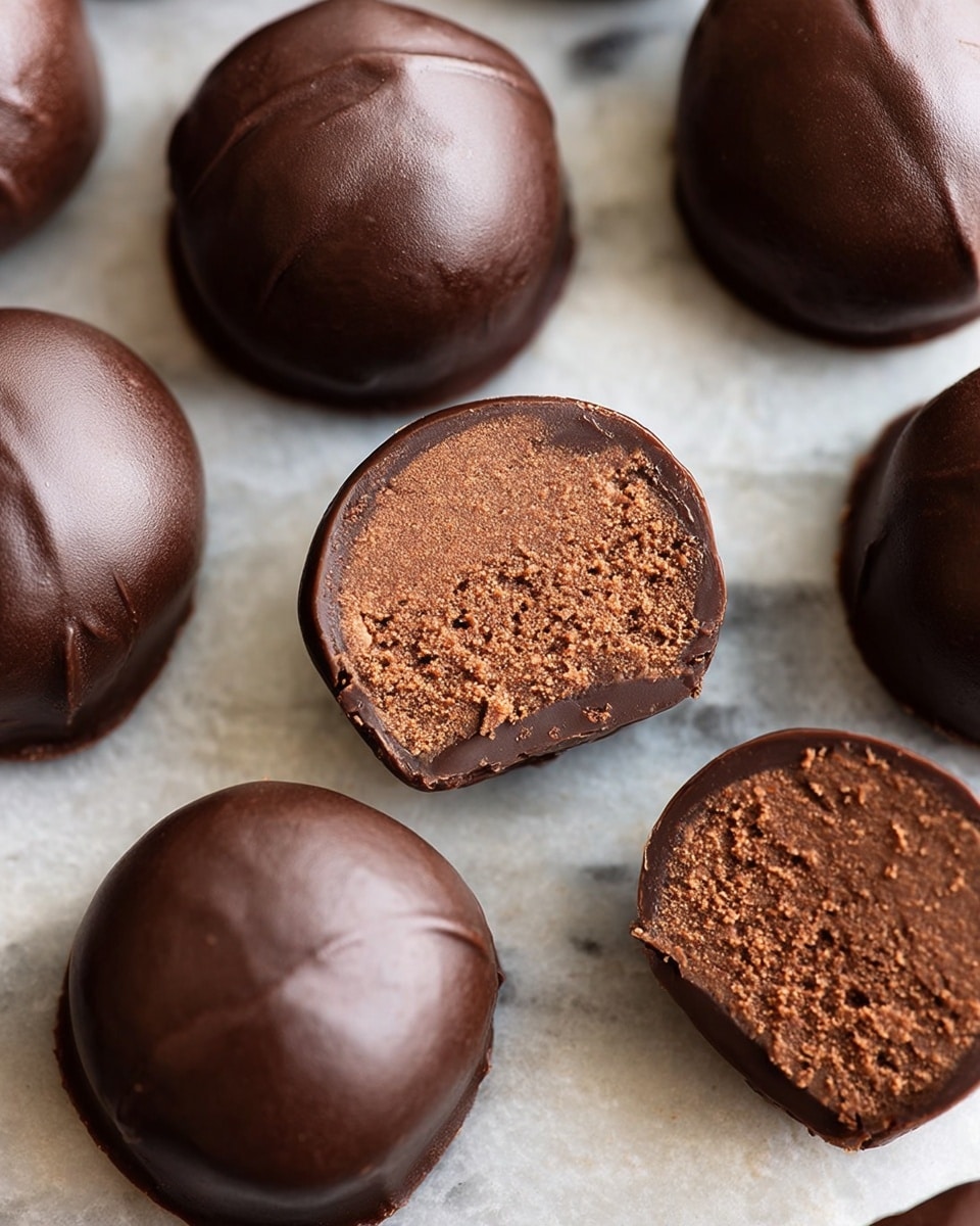 The image shows several round chocolate truffles with a smooth, shiny dark chocolate coating. Some truffles are whole, revealing their glossy dark outer layer, while others are cut in half to display two layers inside: a thick outer shell of dark chocolate and a dense, textured light brown chocolate filling, which looks creamy but firm. All truffles sit on a surface with a white marbled texture, and the truffles are closely arranged, filling the frame for a rich, indulgent look. Photo taken with an iphone --ar 4:5 --v 7