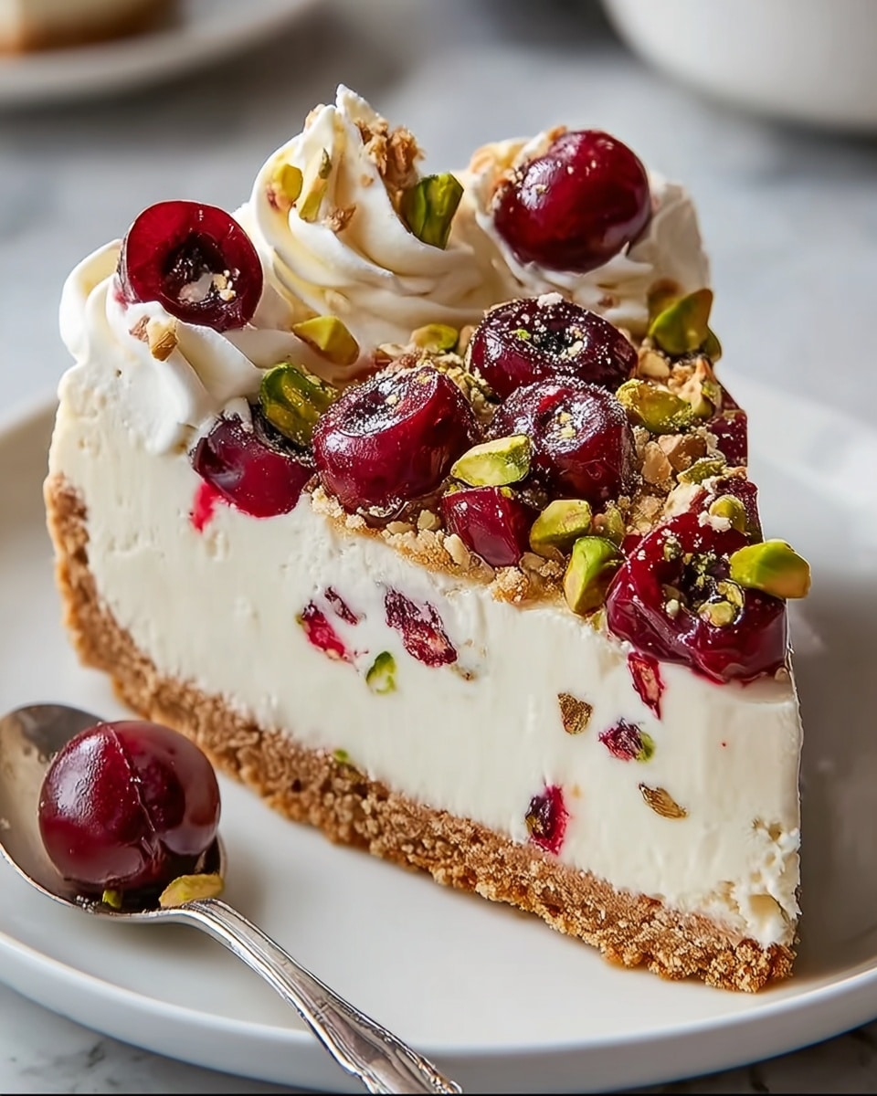 A slice of cheesecake with three visible layers is placed on a white plate set on a white marbled texture. The bottom layer is a crumbly, light brown crust. Above it is a thick creamy white cheesecake layer with whole green pistachios and bits of red cherries embedded inside. The top layer is decorated with a swirl of white whipped cream, whole shiny deep red cherries, whole pistachios, and small crumbles of the crust. A silver spoon lies beside the plate. Photo taken with an iphone --ar 4:5 --v 7