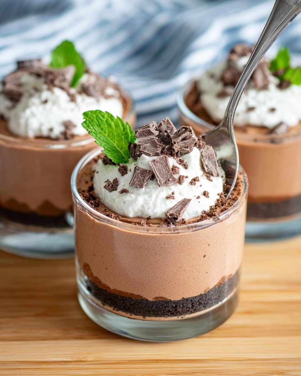 Three small clear glass cups are filled with two visible layers of dessert on a white marbled surface. The bottom layer is a dark, crumbly chocolate base, topped with a thick, light brown, creamy mousse layer that fills most of the cup. The mousse is topped with whipped cream on one side and decorated with large dark chocolate shavings and a sprig of fresh green mint on top. The cups sit on a light wooden tray with four small silver spoons placed beside them. A soft blue and white cloth is blurred in the background. Photo taken with an iphone --ar 4:5 --v 7
