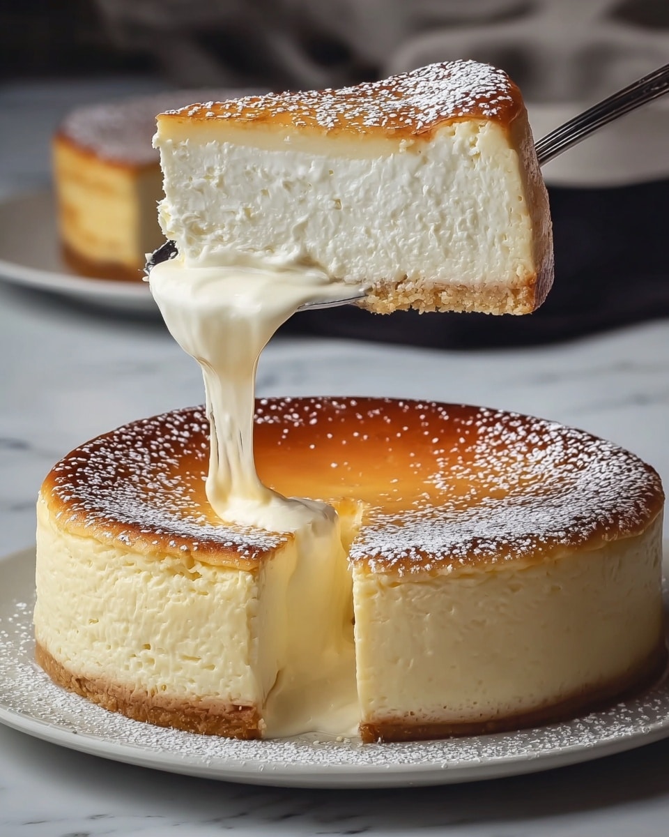 The image shows a three-layer cheesecake on a white plate with powdered sugar dusted on top. The bottom layer is a thin, light brown crust. The middle layer is thick, creamy, and white with a smooth texture. The top layer is a thin, golden-brown baked surface that is shiny and slightly caramelized. A woman's hand is holding a slice of the cheesecake, lifting it above the rest, with creamy filling dripping down. The background features another cheesecake in a pan on a white marbled texture. Photo taken with an iphone --ar 4:5 --v 7