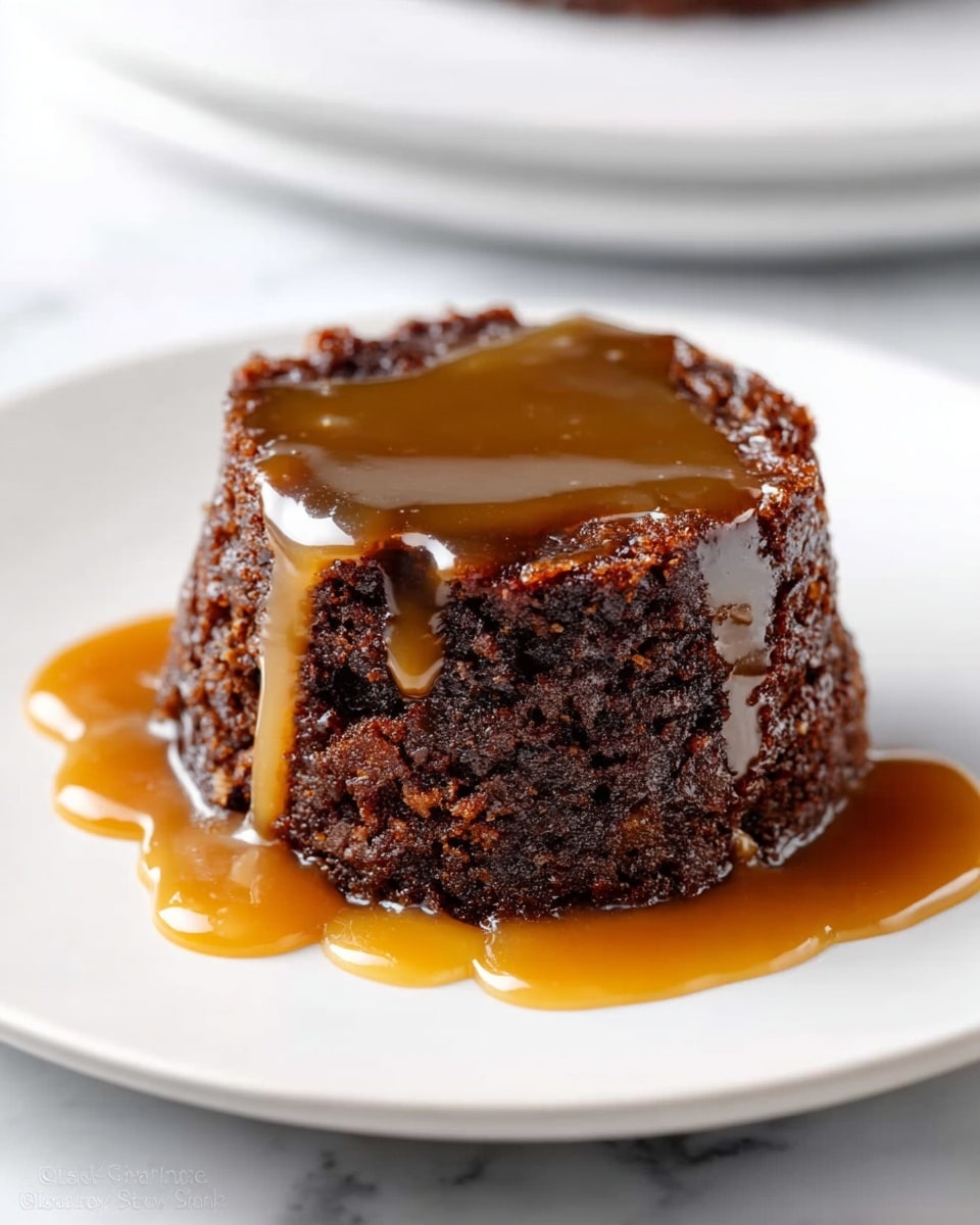 A small, round chocolate cake with a moist and rich dark brown texture sits on a white plate. The cake has two visible layers, each dense and slightly crumbly. A thick, shiny caramel sauce is being poured from above, covering the top of the cake and slowly dripping down the sides in smooth, glossy streams. The background features a soft white marbled texture, adding brightness and contrast to the dark cake and golden caramel. Photo taken with an iphone --ar 4:5 --v 7