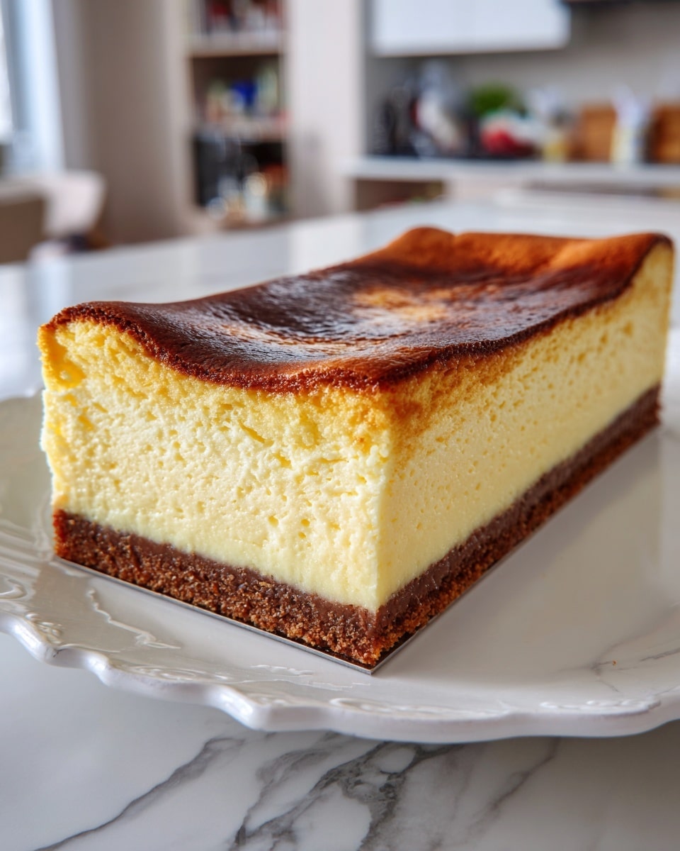 A rectangular cheesecake with a glossy, dark golden-brown top layer that is slightly cracked in the center sits on a white plate with a scalloped edge. The thick middle layer is creamy, pale yellow, and smooth with a fine texture. The bottom layer is a thin, darker brown crust that runs evenly along the base, contrasting with the lighter creamy filling. The whole dessert is placed on a white marbled surface with a slightly blurred kitchen background. photo taken with an iphone --ar 4:5 --v 7