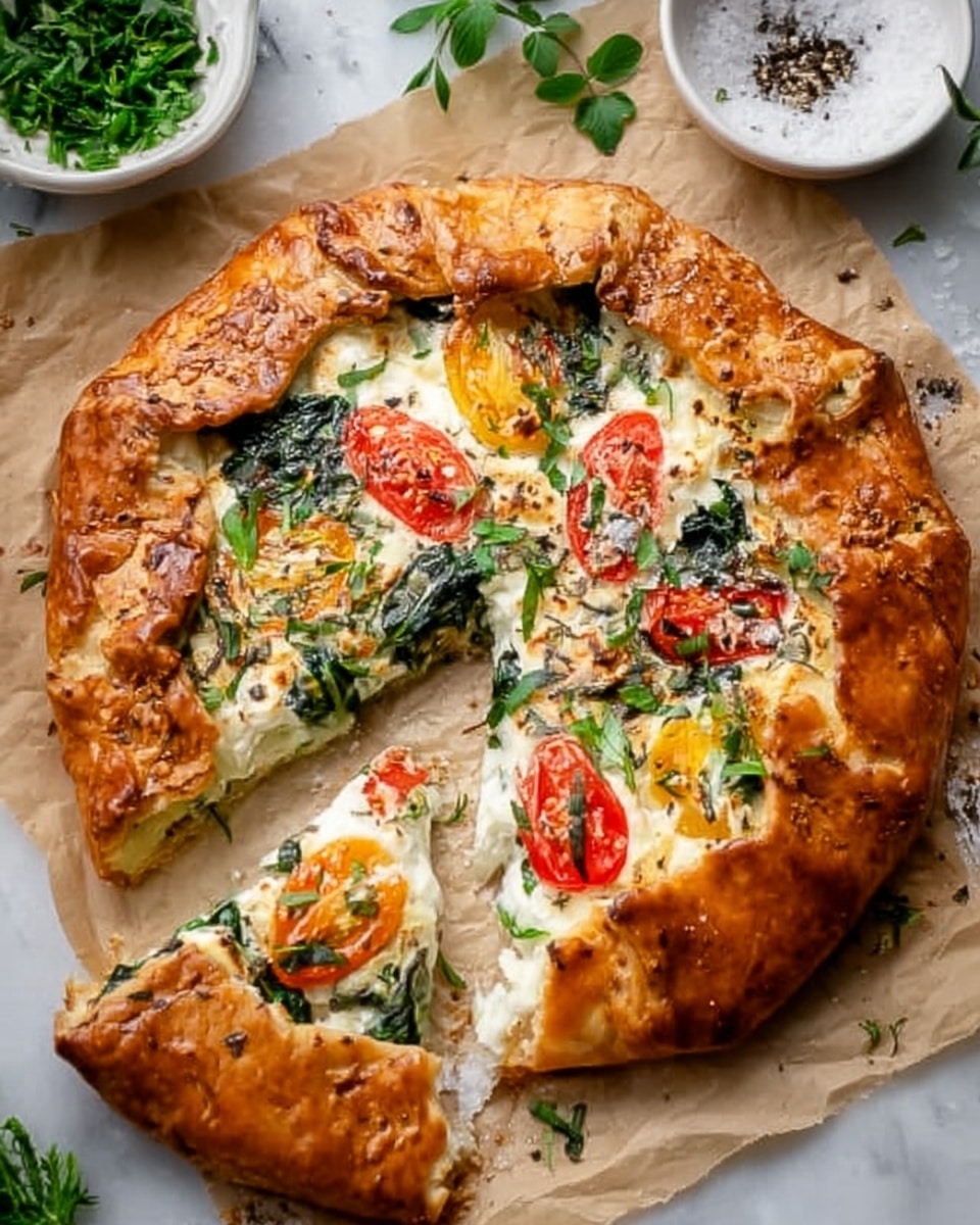 A round galette with a golden-brown, flaky crust folded unevenly over creamy white cheese filling, topped with bright red tomato slices and dark green spinach leaves, with light brown toasted spots on the cheese. The galette is placed on a piece of parchment paper. Fresh green herbs, a white bowl with chopped herbs, and another white bowl with coarse black salt are nearby on a white marbled surface. One slice has been cut and slightly pulled out, showing the layers clearly photo taken with an iphone --ar 4:5 --v 7
