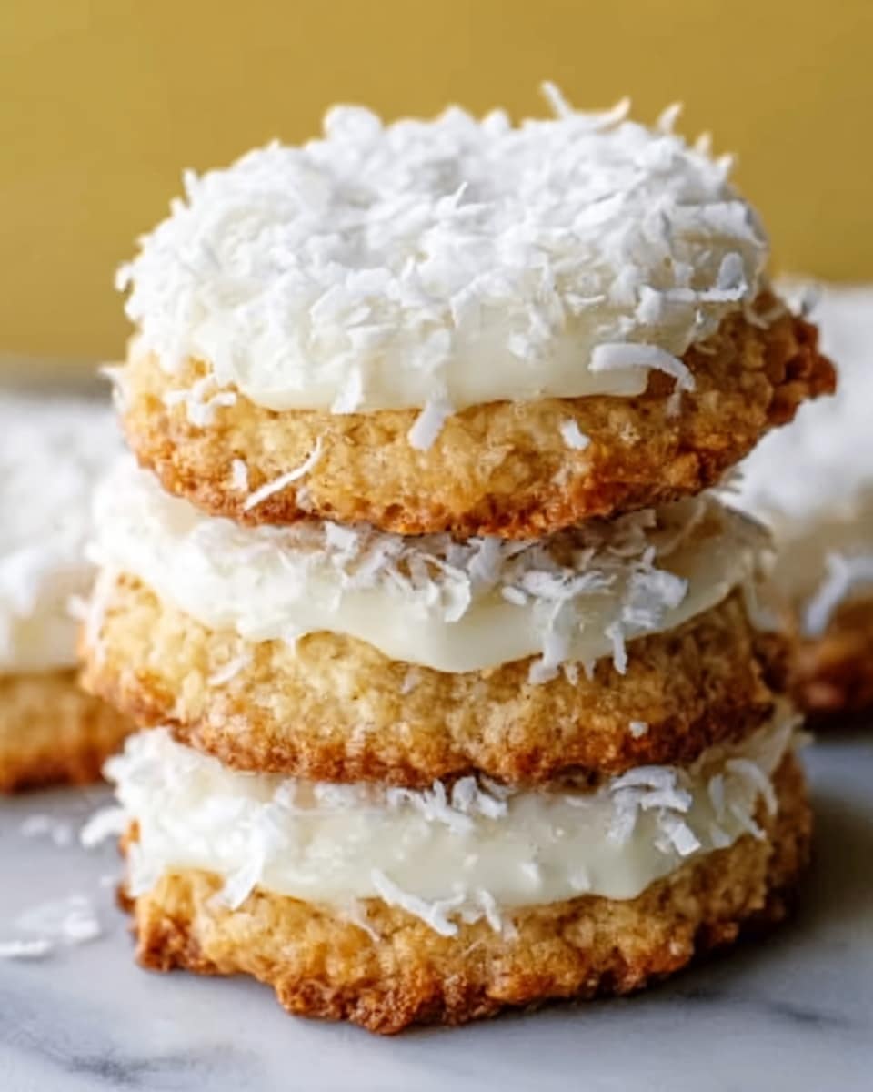 The image shows a stack of four round cookies on a white marbled surface. Each cookie has a golden-brown base with a rough, crumbly texture. On top of each cookie is a thick layer of white frosting that looks creamy and smooth, covered with a sprinkling of shredded coconut flakes that add a soft, snow-like texture. The cookies are stacked unevenly, leaning slightly to one side, and the bright yellow background contrasts softly with the white frosting and the marbled surface. photo taken with an iphone --ar 4:5 --v 7