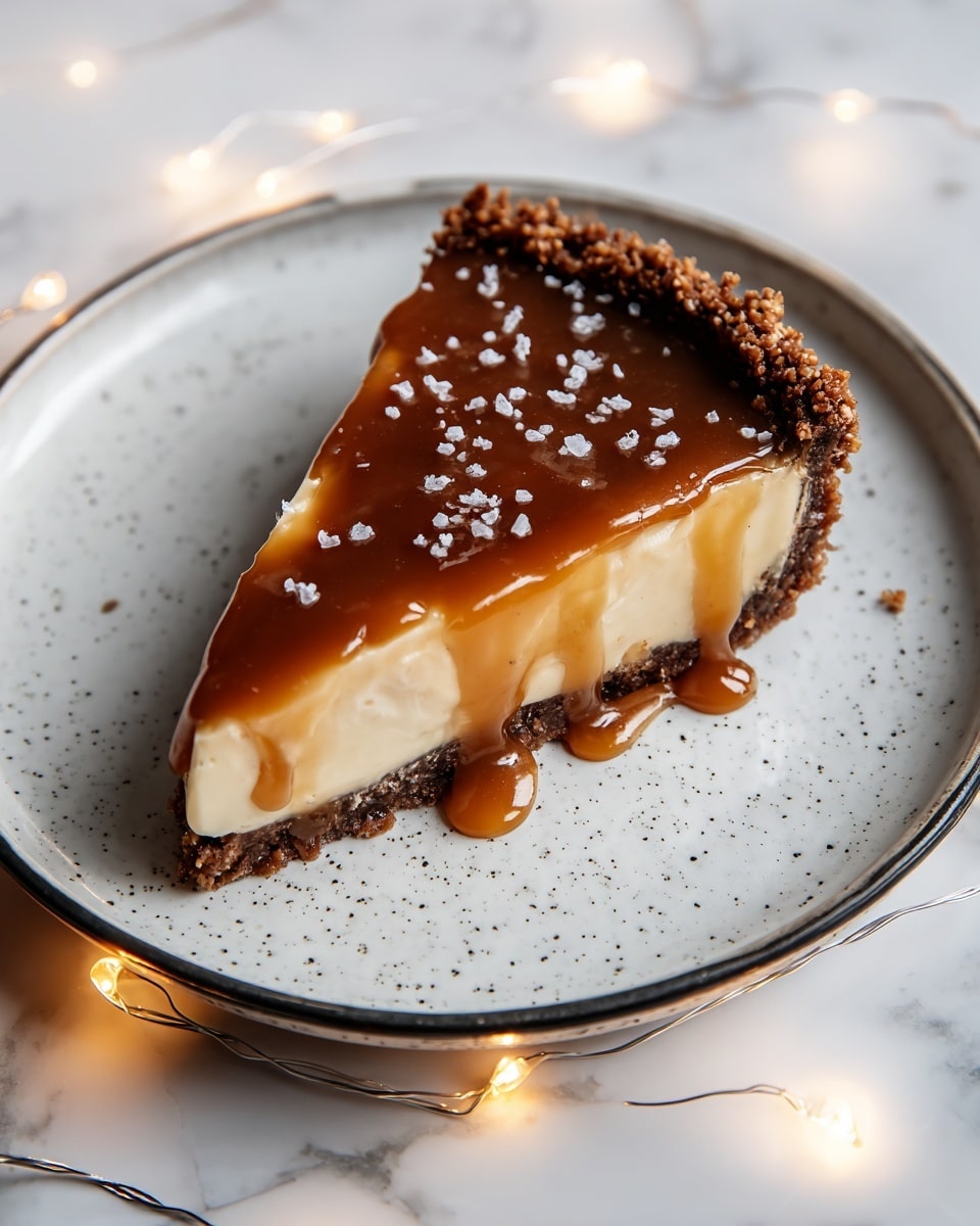 A single slice of pie sits on a white speckled plate with a thin dark rim, placed on a white marbled surface. The pie has two main layers: a light, creamy beige base layer topped with a shiny, dark caramel sauce that drips down the edges and pools slightly on the plate. The crust is thick and crumbly with a deep brown color, forming a sturdy border around the slice. Small white granules are sprinkled on top of the caramel layer, adding texture. Around the plate and surface, warm white fairy lights create a cozy glow. photo taken with an iphone --ar 4:5 --v 7