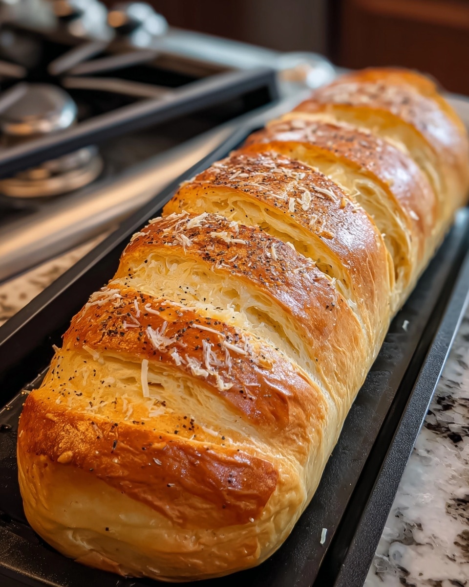 A long loaf of bread with a golden-brown crust sits on a black tray. The bread has multiple diagonal slices on top, showing a soft, white, airy texture inside each slice. The crust has a shiny, slightly crispy look with a sprinkle of small black seeds and fine grated cheese scattered over the top. The tray is placed on a white marbled surface with a blurred stove in the background. photo taken with an iphone --ar 4:5 --v 7