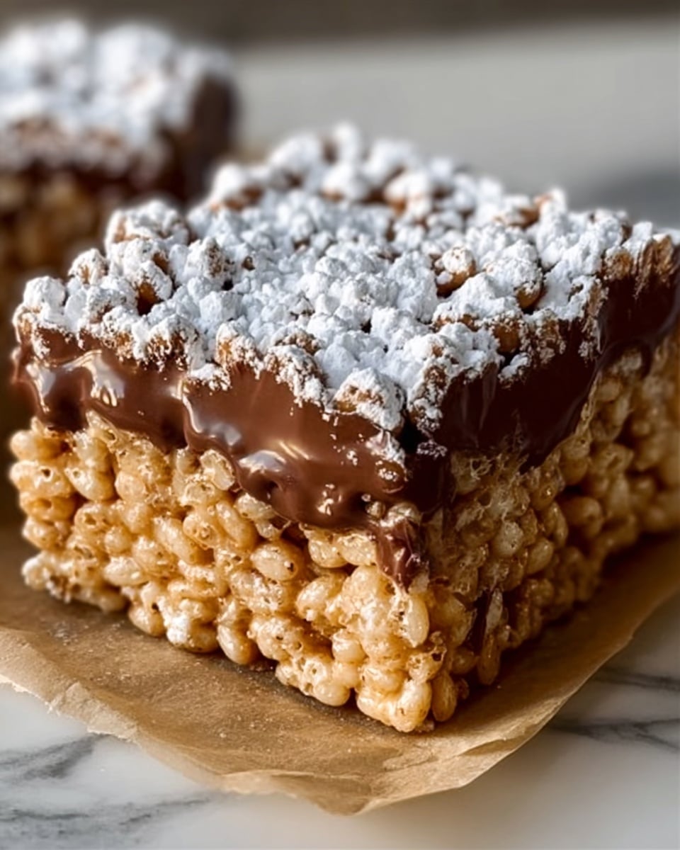 The image shows a close-up of three square treats made of crunchy cereal pieces mixed with melted chocolate, arranged side by side on a piece of parchment paper over a dark surface. Each square has a rich, shiny chocolate coating that holds the cereal together, and the top layer is thickly dusted with white powdered sugar, creating a soft, snowy texture on top. The cereal pieces are golden brown and tightly packed, with the chocolate visibly melting and dripping in small pools around the edges. The background surface has a white marbled texture. photo taken with an iphone --ar 4:5 --v 7