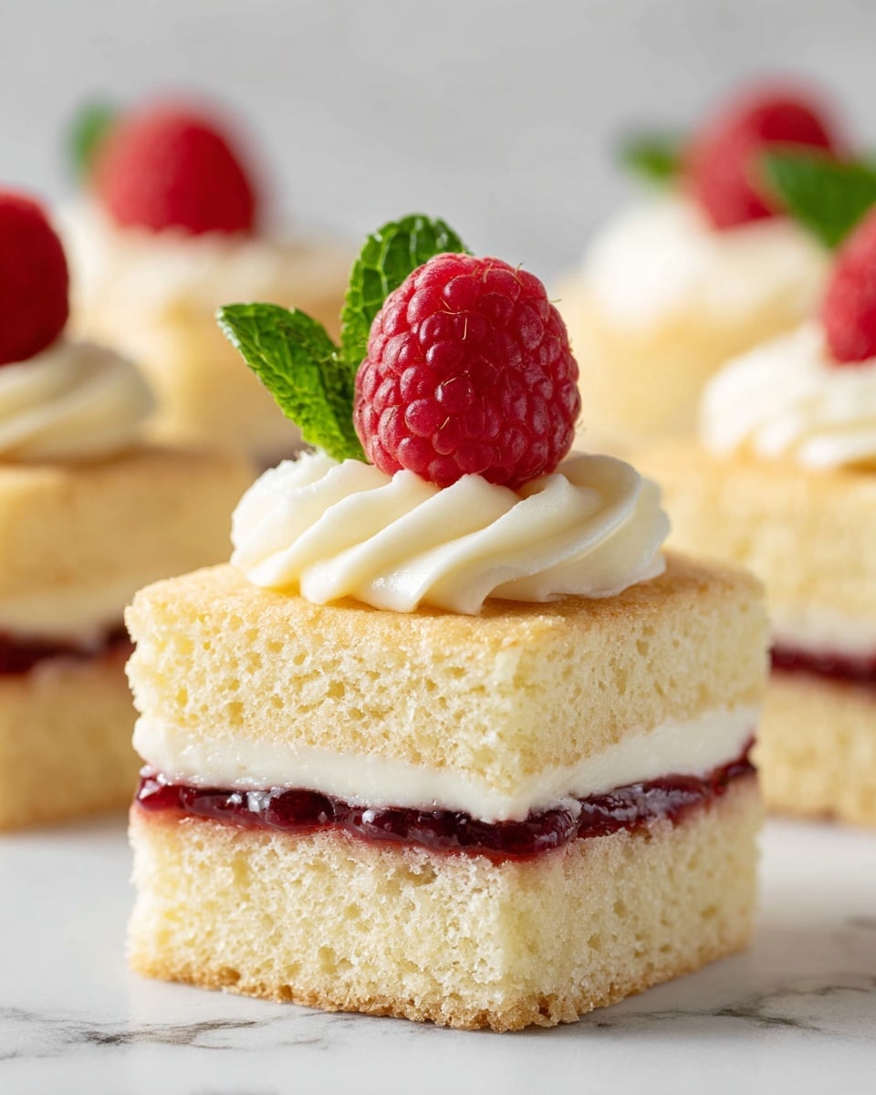 The image shows a small, two-layered dessert consisting of light yellow sponge cake. The bottom layer is plain sponge, then a thin layer of dark red jam, followed by a thicker layer of creamy white frosting, topped by the second sponge cake layer. On top of all layers is a thick spread of creamy white frosting, a bright red raspberry, and a small green mint leaf for garnish. Several similar desserts are blurred in the white marbled background. photo taken with an iphone --ar 4:5 --v 7