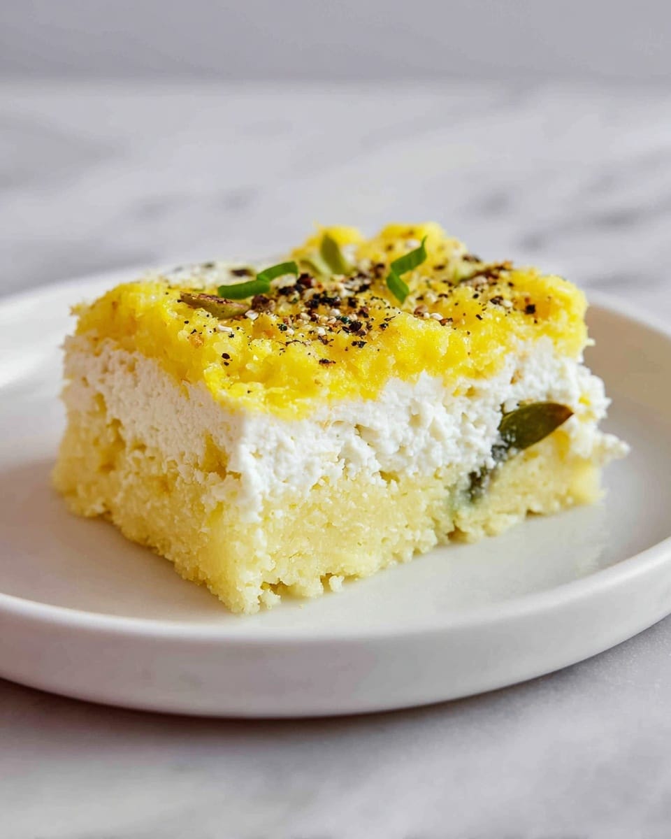 A square piece of layered casserole sits on a white plate, placed on a white marbled surface. The bottom and top layers are thick and bright yellow with a soft, slightly crumbly texture. Between these, a thick white creamy layer is visible, mixed with chunks of green leafy vegetables scattered within. The top layer is sprinkled with small green herb pieces and a light dusting of black pepper, adding texture and color contrast. In the background, a soft grey cloth is slightly blurred, keeping focus on the food. photo taken with an iphone --ar 4:5 --v 7
