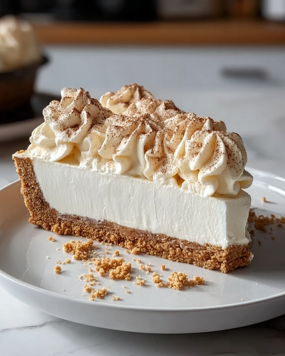 A slice of pie with three visible layers is shown on a white plate on a white marbled surface. The bottom crust layer is crumbly and light brown, followed by a thick, smooth white cream filling on top. The top layer consists of swirled dollops of whipped cream, dusted with a light sprinkling of a brown powder, possibly cinnamon or cocoa. Some crumbs are scattered on the plate near the crust. Photo taken with an iphone --ar 4:5 --v 7