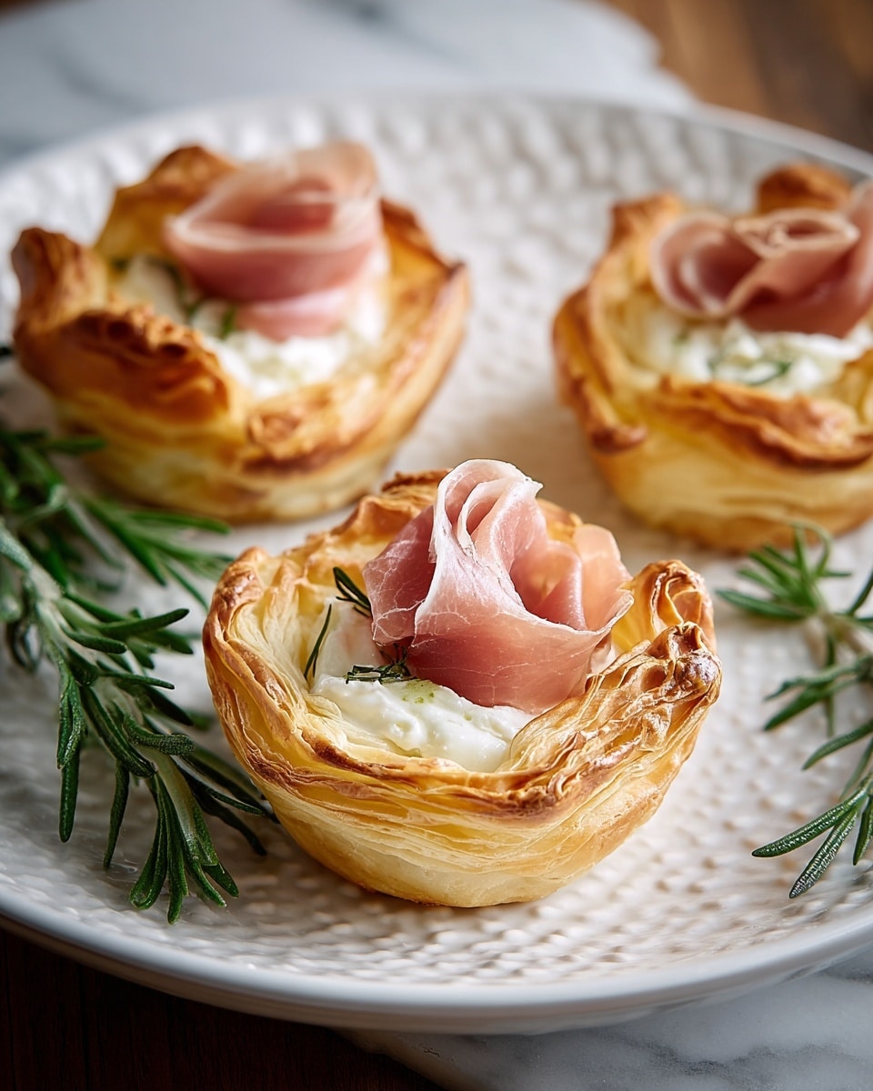 Three small puff pastry nests sit on a white plate with a textured edge. Each nest is made of multiple golden-brown, flaky layers that create a light and crisp appearance. Inside each puff pastry nest is a creamy, soft white cheese filling topped with a thin slice of cured ham, pink with slight translucence and delicate folds. The plate rests on a white marbled surface, and sprigs of fresh green rosemary are scattered around for decoration. Photo taken with an iphone --ar 4:5 --v 7