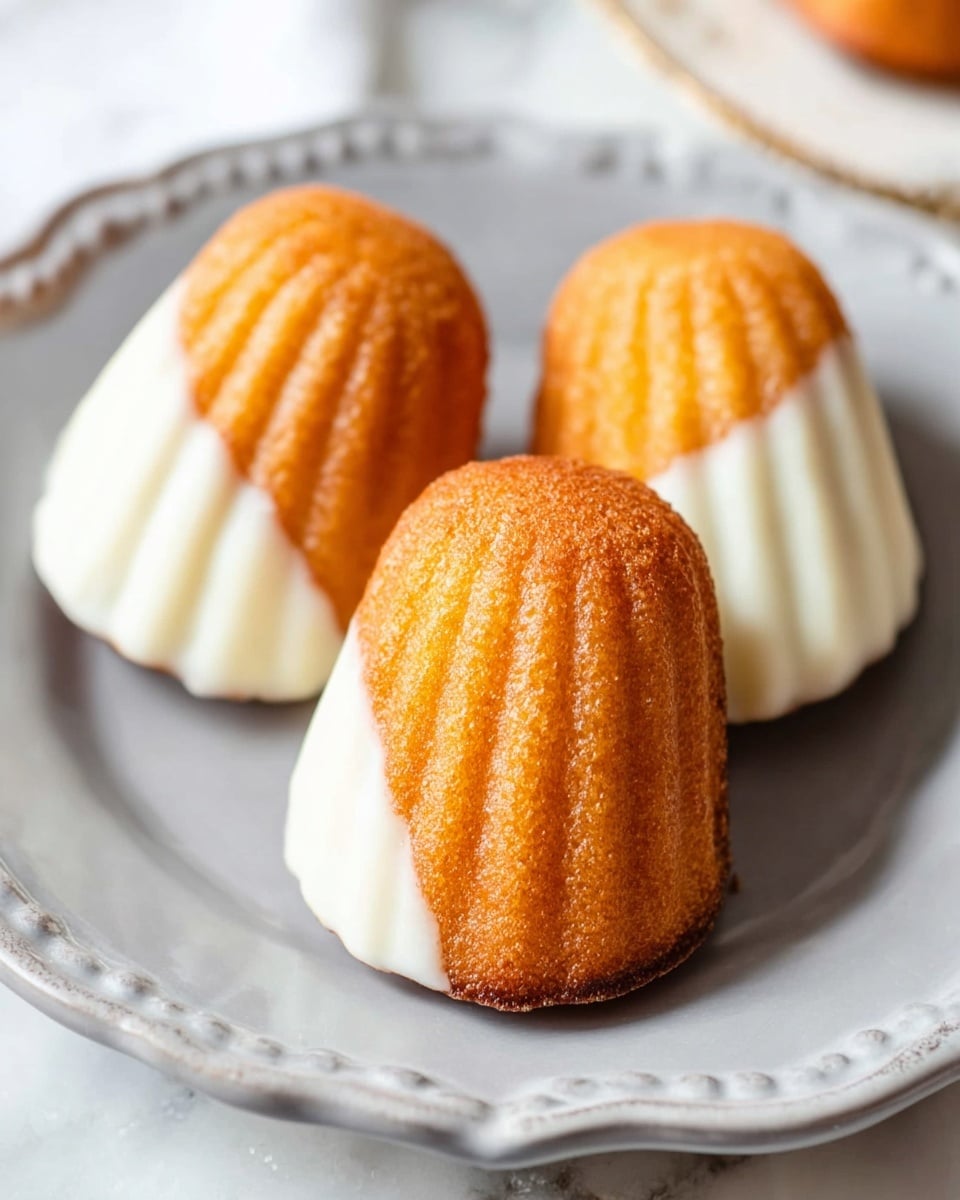 Three madeleine cakes rest on a light gray plate with a raised decorative edge, placed on a white marbled surface. Each madeleine has a golden-brown, ridged upper half and a smooth lower half dipped in white chocolate that covers about half of each cake. The texture of the cakes looks soft and slightly spongy, while the white chocolate coating is glossy and contrasts with the warm tone of the cakes. photo taken with an iphone --ar 4:5 --v 7