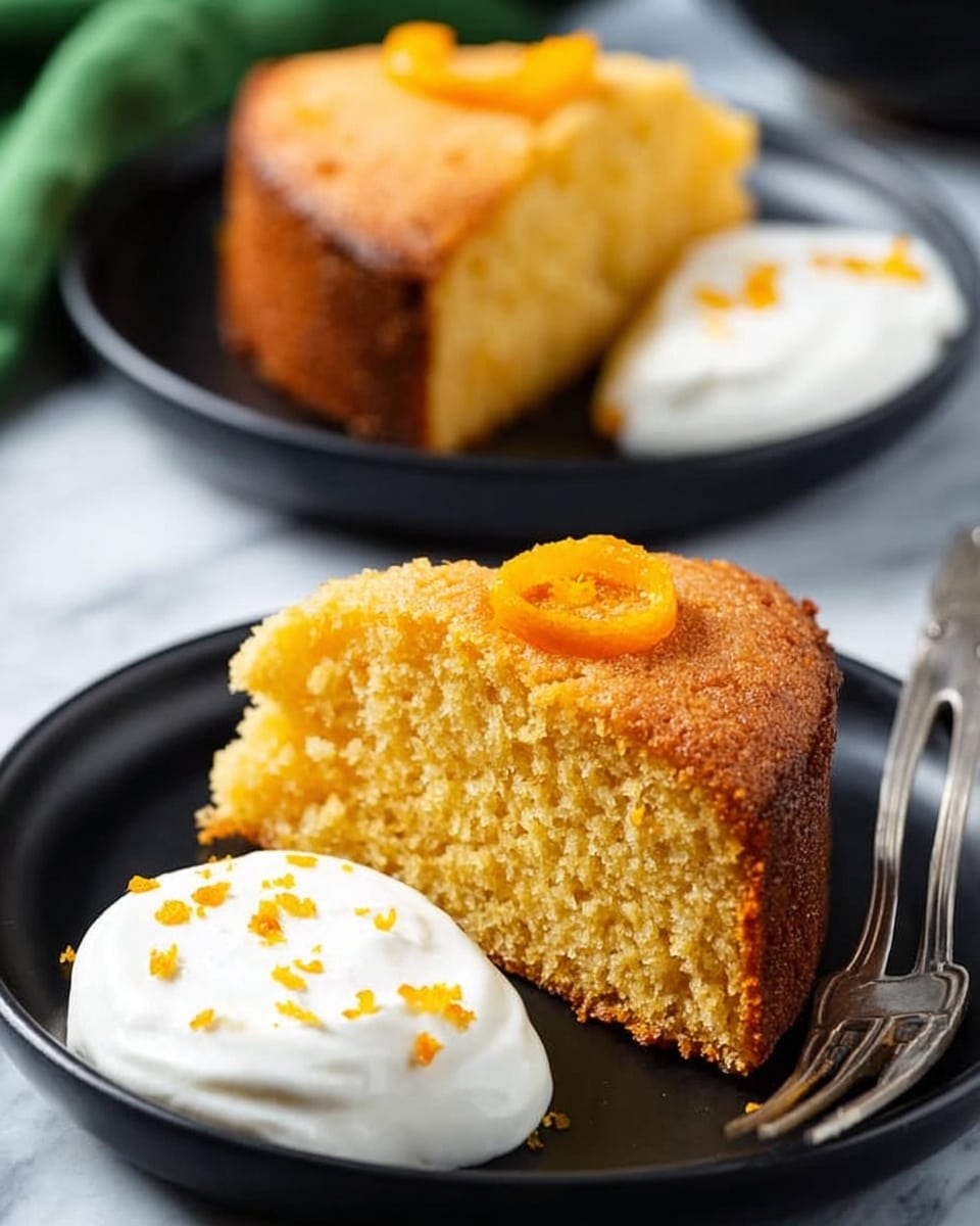 A slice of golden brown cake with a moist, crumbly texture sits on a white plate. On the top of the cake slice is a thin, twisted orange peel garnish. Next to the cake on the plate is a dollop of smooth white cream with small bits of orange zest sprinkled on it. A metal fork is placed next to the cake, and the background shows a blurred white plate with more cake and cream on a white marbled surface. photo taken with an iphone --ar 4:5 --v 7
