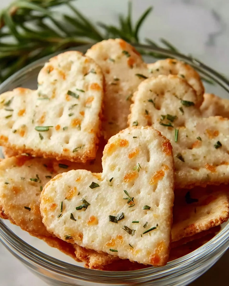 A clear bowl holds several heart-shaped crackers, each with a golden-brown edge and a light, creamy top sprinkled with small green herb bits and tiny orange cheese spots. The crackers are stacked with some overlapping, showing their thin and crunchy texture. In the background, some fresh green rosemary sprigs add a touch of natural color, all placed on a white marbled surface. photo taken with an iphone --ar 4:5 --v 7
