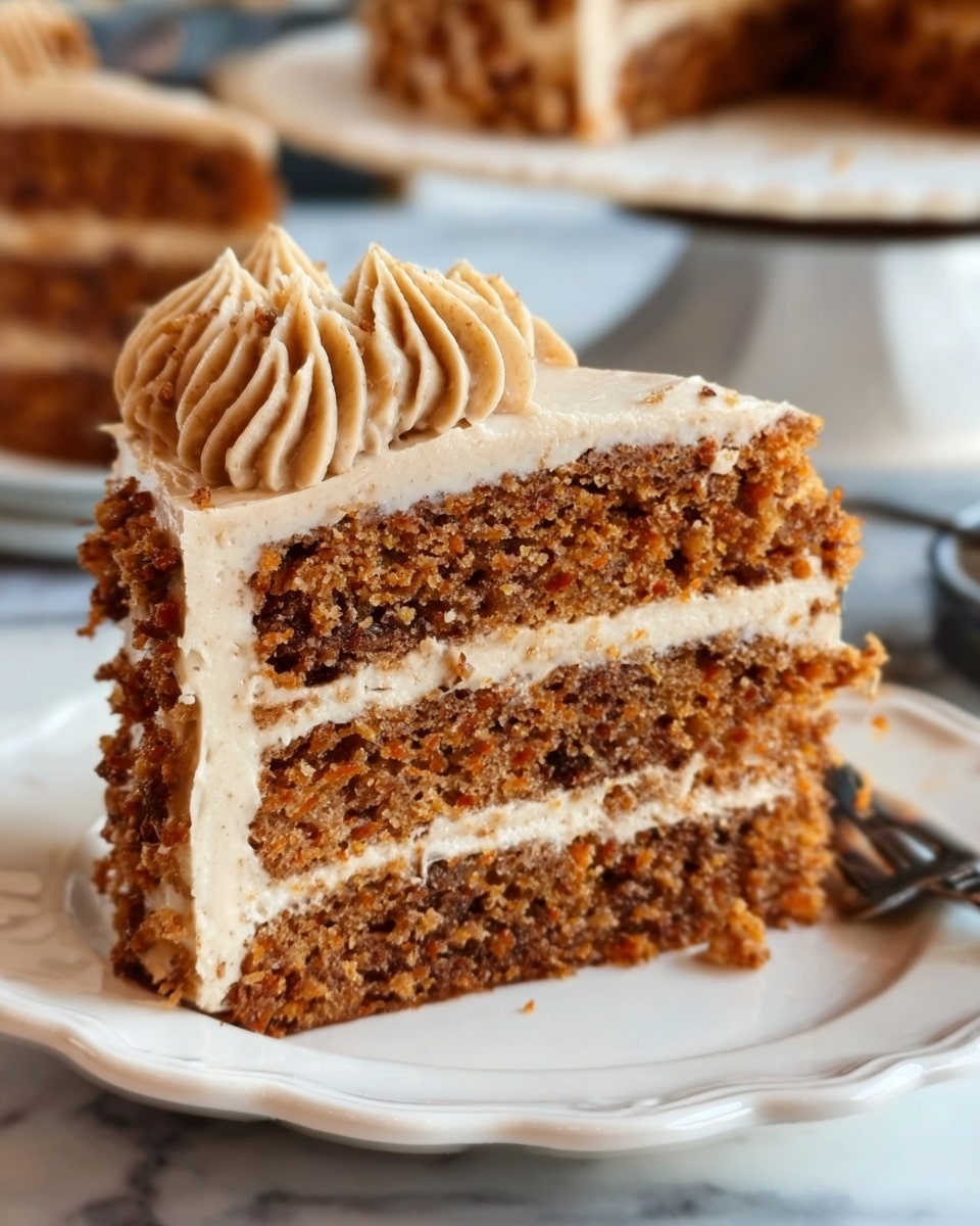 A close-up view of a three-layer carrot cake slice on a white plate with a scalloped edge. Each cake layer is a rich, golden-brown color with a moist texture, filled and topped with smooth, light beige cream cheese frosting. The top layer is decorated with small swirls of the same frosting, adding a delicate, textured look. The plate rests on a white marbled surface, with a blurred background showing another cake slice. Photo taken with an iphone --ar 4:5 --v 7