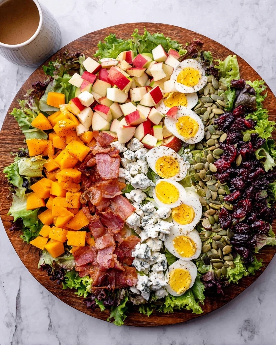 A large round wooden board holds a fresh salad with a colorful mix of ingredients arranged in neat sections over a bed of mixed green lettuce leaves. The base is rich green lettuce with different textures from curly to smooth leaves. On top, there are chopped red and white apple pieces adding a fresh, crisp look, and hard-boiled egg quarters with bright yellow yolks and white edges, lightly sprinkled with black pepper. Next to the eggs are pieces of crispy cooked bacon with a reddish-brown hue. Cubes of golden orange roasted butternut squash add a soft texture and warm color. Scattered dollops of white cottage cheese and green pumpkin seeds decorate the whole salad, while dark dried cranberries sit in one section, adding a deep red contrast. On the left side, a white cup partially filled with a brown dressing rests on a white marbled surface. Photo taken with an iphone --ar 4:5 --v 7