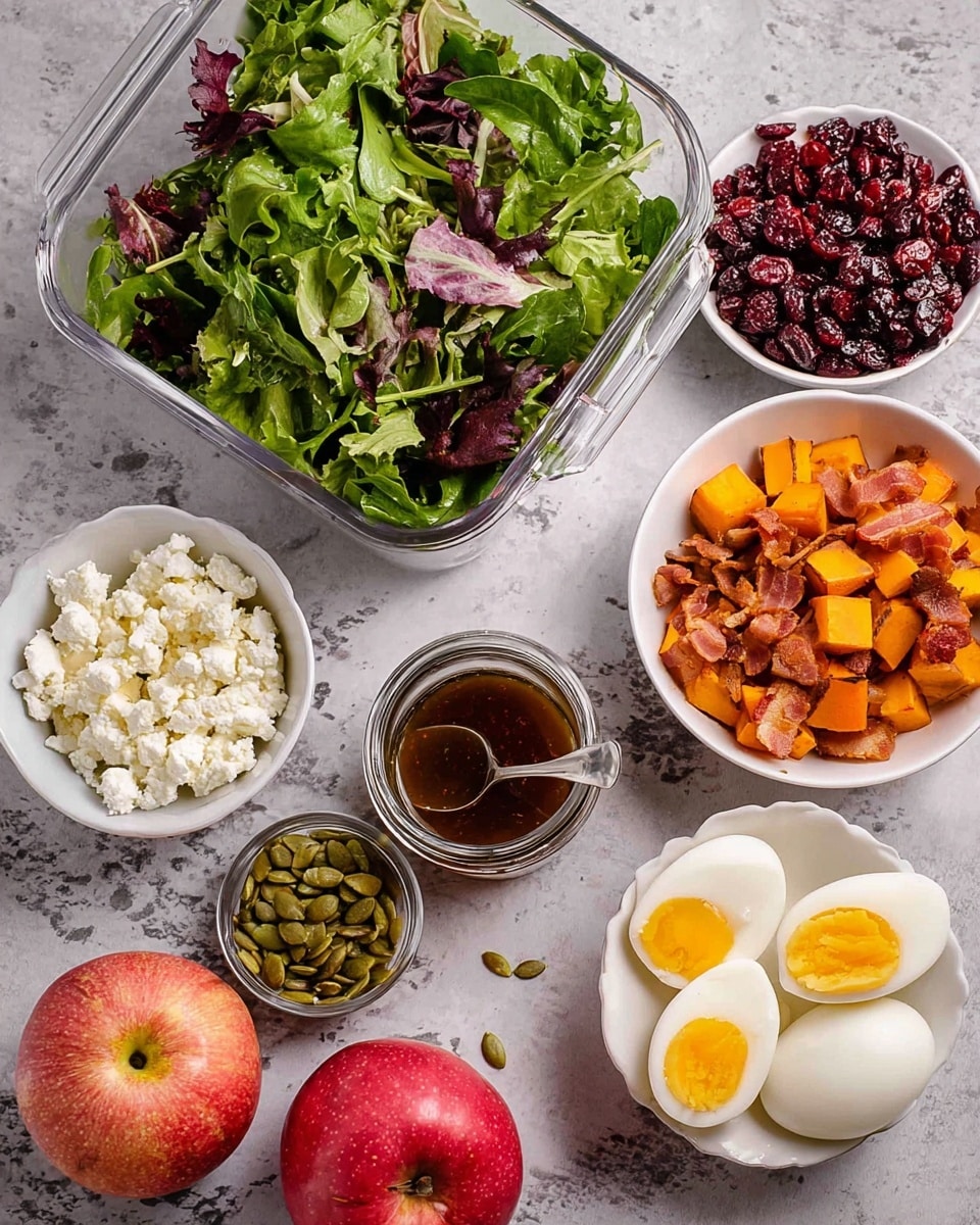 The image shows a clear container filled with mixed green leafy salad with some deep purple leaves on a white marbled surface. Around it, there are white bowls containing crumbled white cheese, roasted orange butternut squash cubes, dried dark red cranberries, green pumpkin seeds, and crispy cooked bacon pieces. Beside the bowls, there are three boiled eggs, two whole and one cut in half showing bright yellow yolk, along with a whole shiny red apple. In the center, there is a small glass jar with dark brown dressing and a silver spoon inside it. photo taken with an iphone --ar 4:5 --v 7