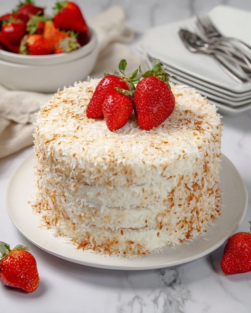 A round cake with three layers is covered outside in thick white cream and toasted shredded coconut, giving a mix of white and golden brown colors all over its surface. On top, three bright red strawberries with green tops sit close together in the center. The cake is placed on a white plate on a white marbled surface. Around the cake, there are a few loose strawberries, and in the background, there is a white bowl filled with more strawberries and a white stack of square plates with forks resting on them. Photo taken with an iphone --ar 4:5 --v 7