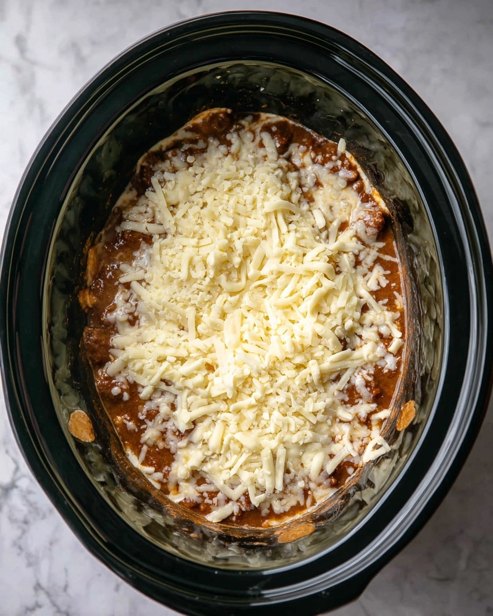 A close-up top view of a black slow cooker filled with a layered dish, showing a base layer of brown stew or thick sauce with visible chunks, covered generously with shredded pale yellow cheese that is starting to melt and blend with the sauce beneath. The edges of the dish show some bubbling cheese, and the texture looks creamy and hot. The slow cooker sits on a white marbled surface. photo taken with an iphone --ar 4:5 --v 7