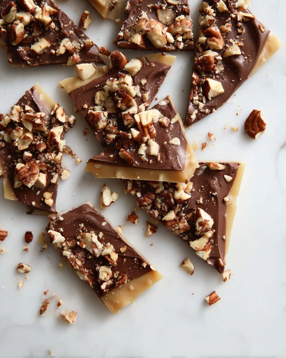 The image shows broken pieces of a chocolate and nut bark arranged loosely on a white marbled surface. Each piece has two main layers: a bottom light caramel-colored layer with a smooth texture and a top dark milk chocolate layer with a slightly wavy surface. The chocolate layer is generously covered with small, unevenly chopped pieces of nuts that add texture and a mix of light and dark brown hues. Small nut fragments and chocolate crumbs are scattered around the larger pieces, adding a natural and casual feel to the layout. Photo taken with an iphone --ar 4:5 --v 7