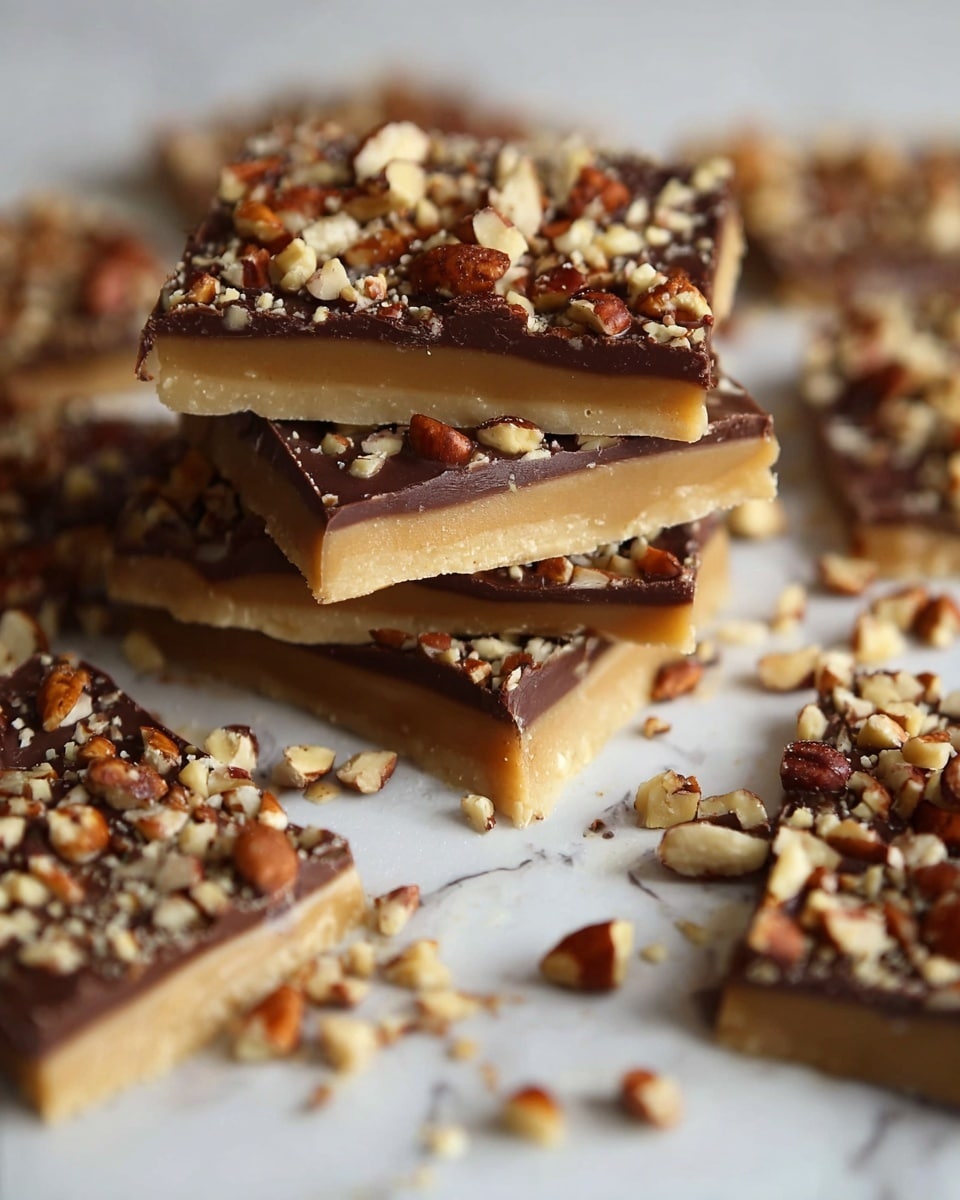 The image shows a stack of three pieces of nut-topped toffee on a white marbled surface. Each piece has two layers: a thick, smooth light brown toffee base at the bottom, topped with a thin, shiny dark brown chocolate layer. The top chocolate layer is sprinkled heavily with chopped nuts of a light beige and brown color. Around the stack, many more toffee pieces with the same layers and nut toppings are scattered, along with loose nuts spread wide over the white marbled surface. photo taken with an iphone --ar 4:5 --v 7