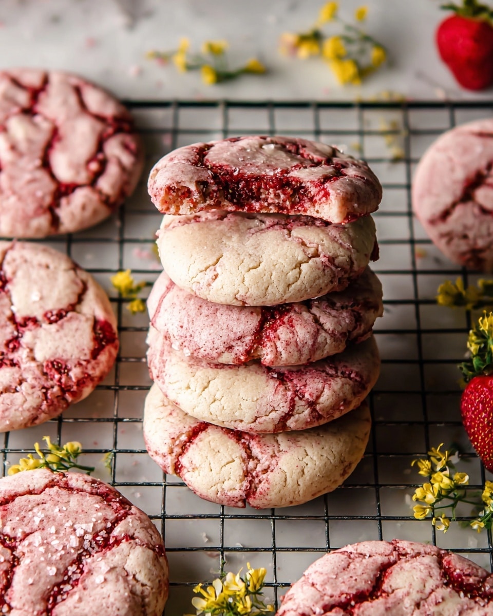 A stack of five round cookies with a cracked top layer showing deep red strawberry swirls and light beige dough. Each cookie has an uneven, soft texture with visible sugar crystals and strawberry bits scattered across the surface. The cookies are placed on a black wire cooling rack with some more cookies around it. Soft-focus strawberries and small yellow flowers appear in the background on a white marbled surface. Photo taken with an iphone --ar 4:5 --v 7