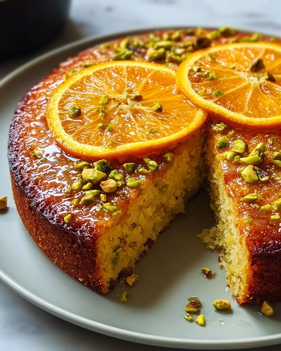 The image shows a round, golden brown cake with a slightly crisp outer edge and a moist, dense inside. The cake has one thick layer topped with a shiny glaze that catches the light. On top of this glaze, there are two large, bright orange slices lying flat, their juicy texture visible. Scattered around the orange slices are small pieces of chopped green pistachios, adding texture and a fresh pop of color. The cake sits on a matte white plate placed on a white marbled surface, and a slice has been cut out from the cake, revealing the soft crumb inside. photo taken with an iphone --ar 4:5 --v 7