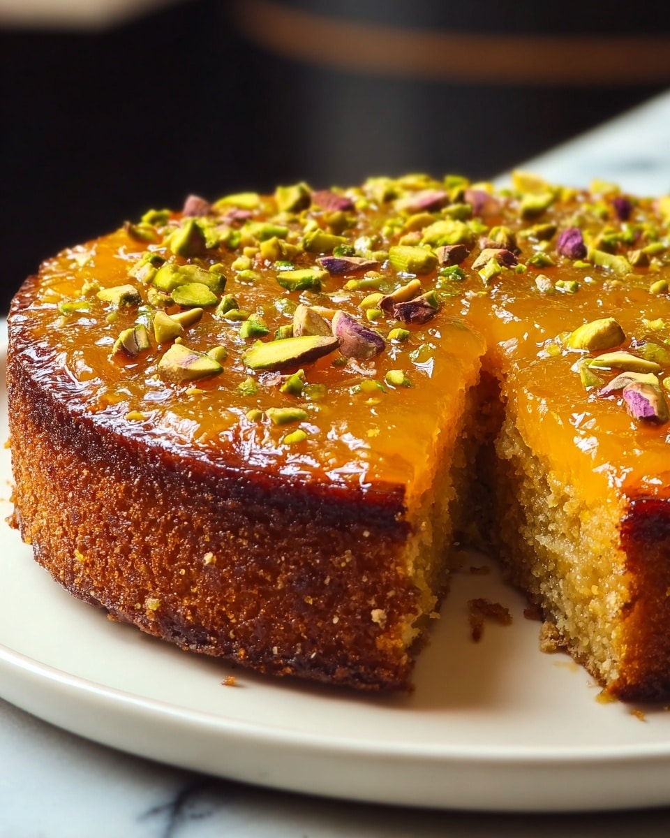A round cake with a thick, brown, crumbly base layer and a glossy, yellow-orange fruit topping spread evenly on top. The top layer is decorated with small pieces of green and purple pistachios scattered across the surface. A small wedge has been cut out, revealing the light, moist inside of the cake. The cake sits on a white plate, and the background has a smooth white marbled texture. photo taken with an iphone --ar 4:5 --v 7