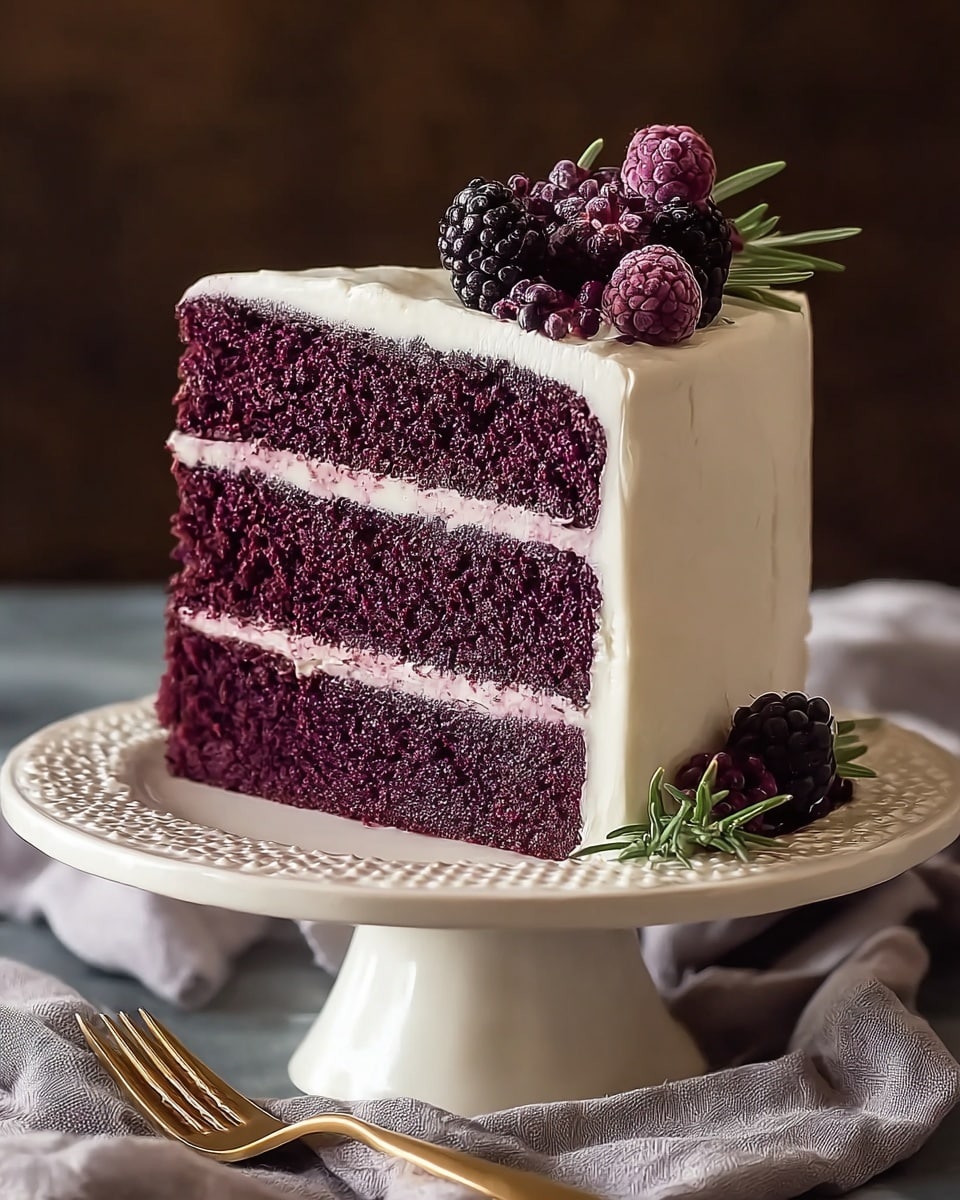 A two-layer slice of dark purple cake with a fine crumb texture is seen on a white patterned cake stand. Each layer is separated by a thin, smooth white cream frosting that also covers the outside of the cake evenly. On top, there are three dark red raspberries, two small clusters of small dark purple berries, and a small sprig of rosemary placed as decoration. The cake stand is set on a draped soft gray cloth over a white marbled surface, with a gold fork partially visible at the bottom right corner. The background is a dark, blurred brown. photo taken with an iphone --ar 4:5 --v 7