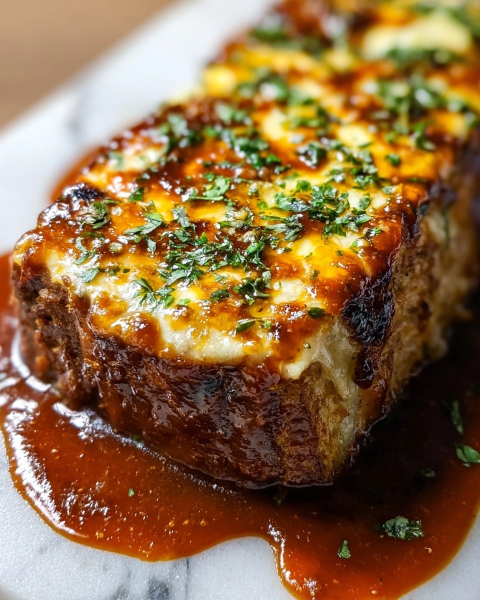 A close-up of a thick rectangular food roll placed on a white marbled surface, covered with a shiny, reddish-brown sauce that pools around the base and drips down the sides. The top layer is a golden-brown melted cheese, lightly browned in parts, with some green chopped herbs scattered over it. The edges show a darker crust texture, and the cheese stretches slightly where it meets the surface. The sauce and cheese create a rich, appetizing look with contrasting colors and textures. photo taken with an iphone --ar 4:5 --v 7