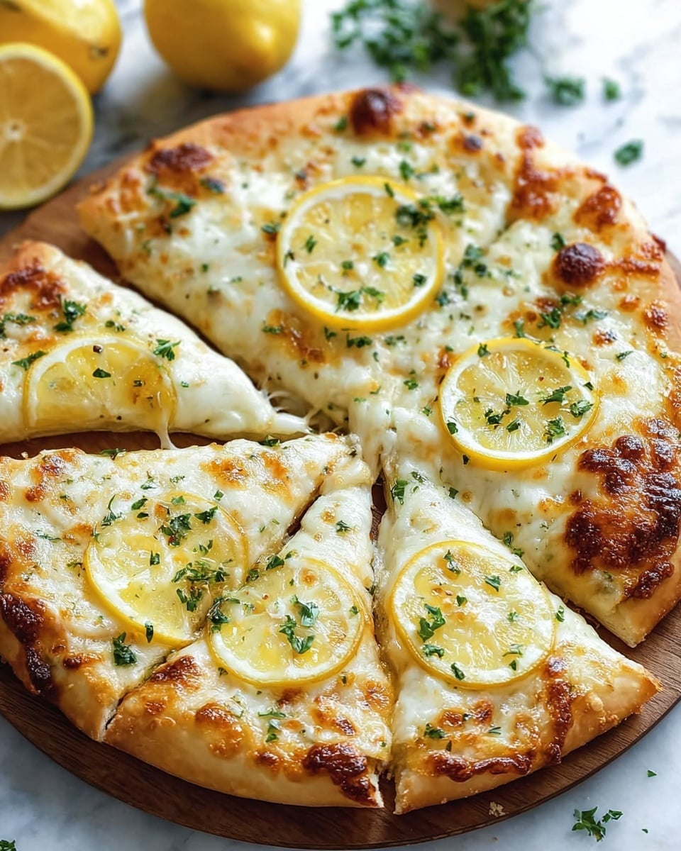 A round pizza with a thick, golden-brown crust sits on a wooden board. The pizza is cut into five visible slices, each topped with melted white cheese that has browned in spots. Thin, bright yellow lemon slices are placed on top, with finely chopped green herbs sprinkled across the surface. The cheese looks creamy and slightly bubbly, covering the pale pizza dough underneath. The background shows a white marbled texture with some lemons and green herbs blurred in the distance. Photo taken with an iphone --ar 4:5 --v 7
